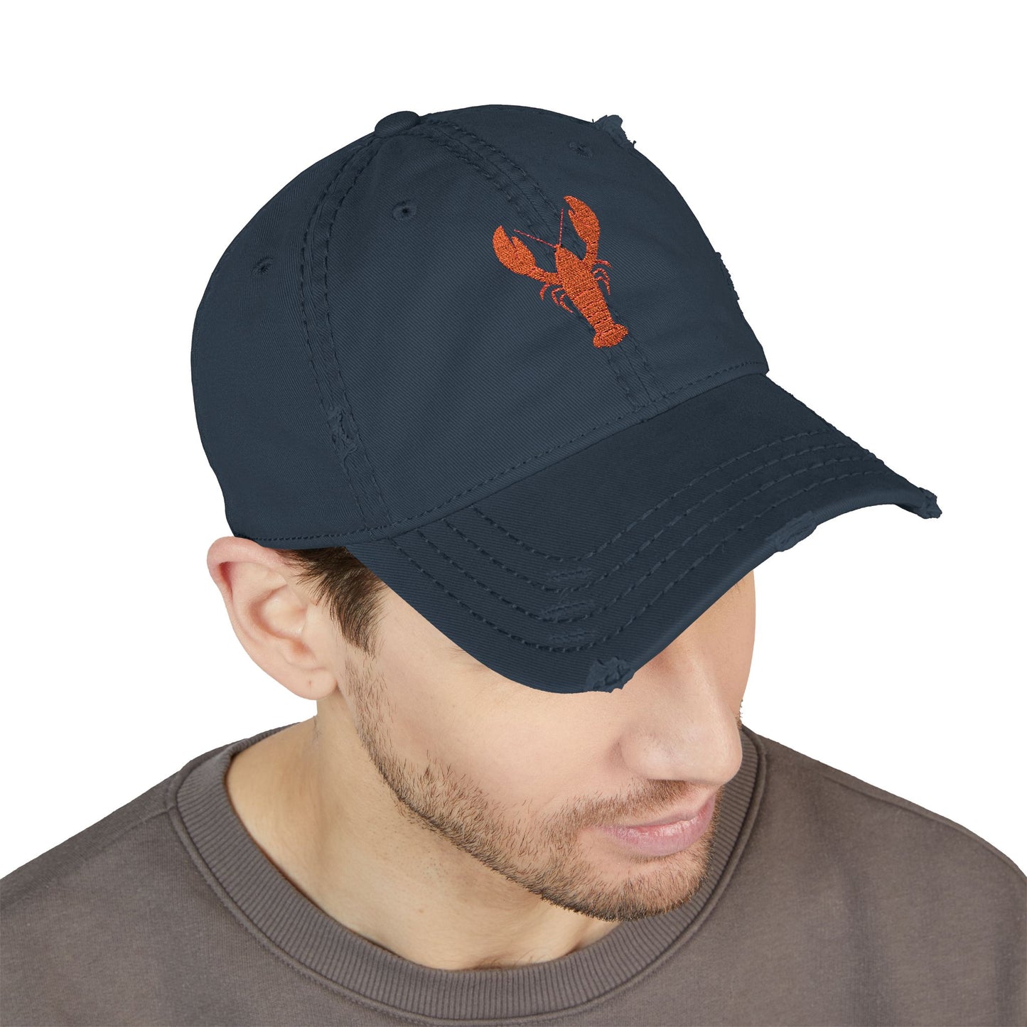 Distressed Embroidered Lobster Dad Hat — Vintage Washed Baseball Cap