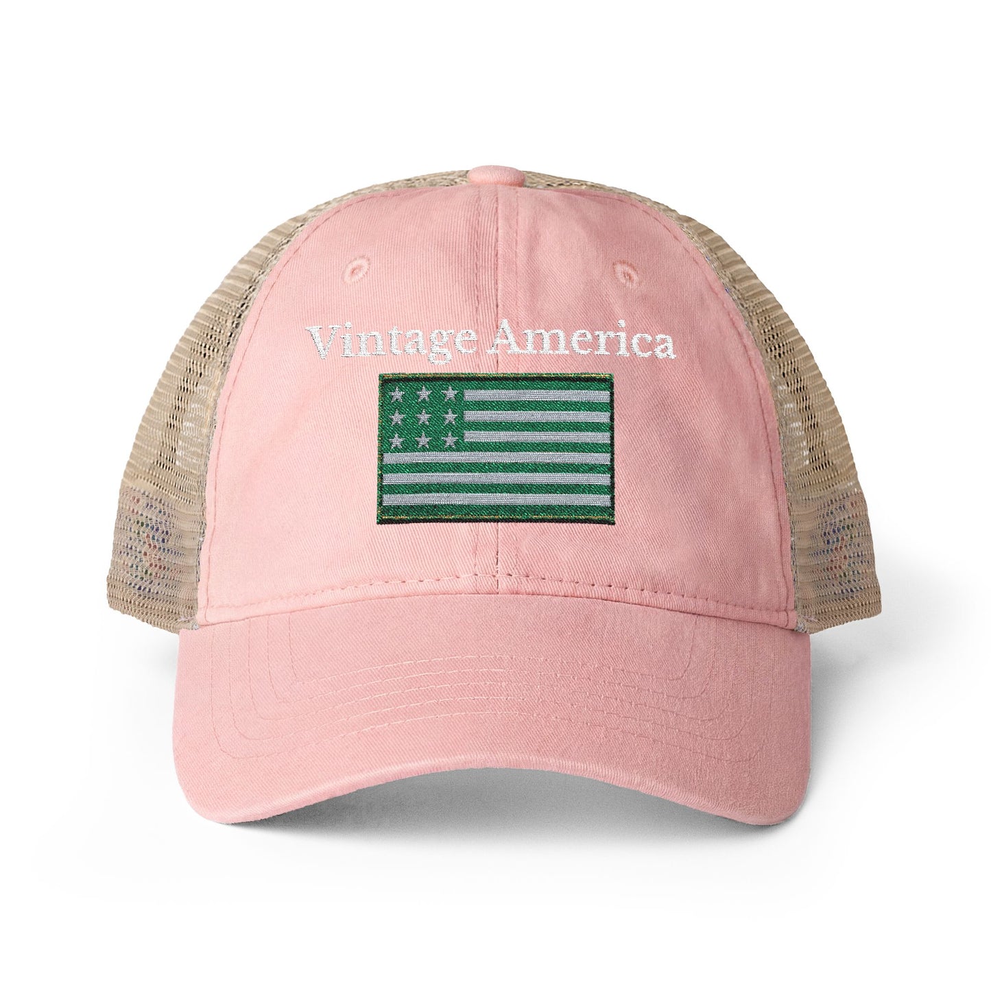 Vintage America Women’s Washed Mesh-Back Cap – Embroidered Olive Heritage Flag Hat
