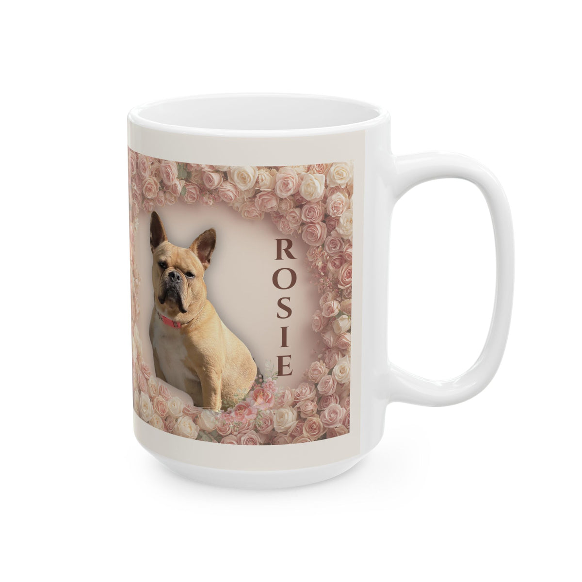 Personalized Floral Dog Mug - 'Rosie’ French Bulldog Ceramic Coffee Cup (15oz)