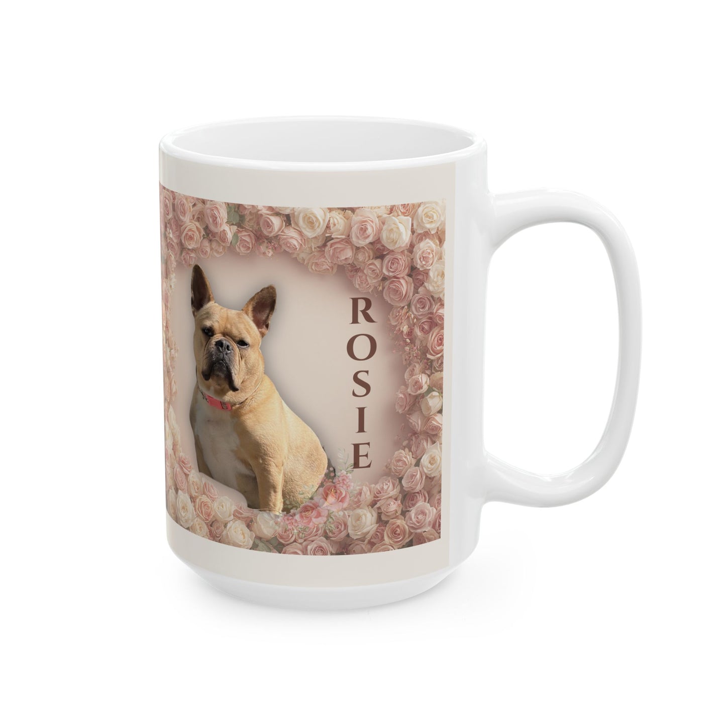 Personalized Floral Dog Mug - 'Rosie’ French Bulldog Ceramic Coffee Cup (15oz)
