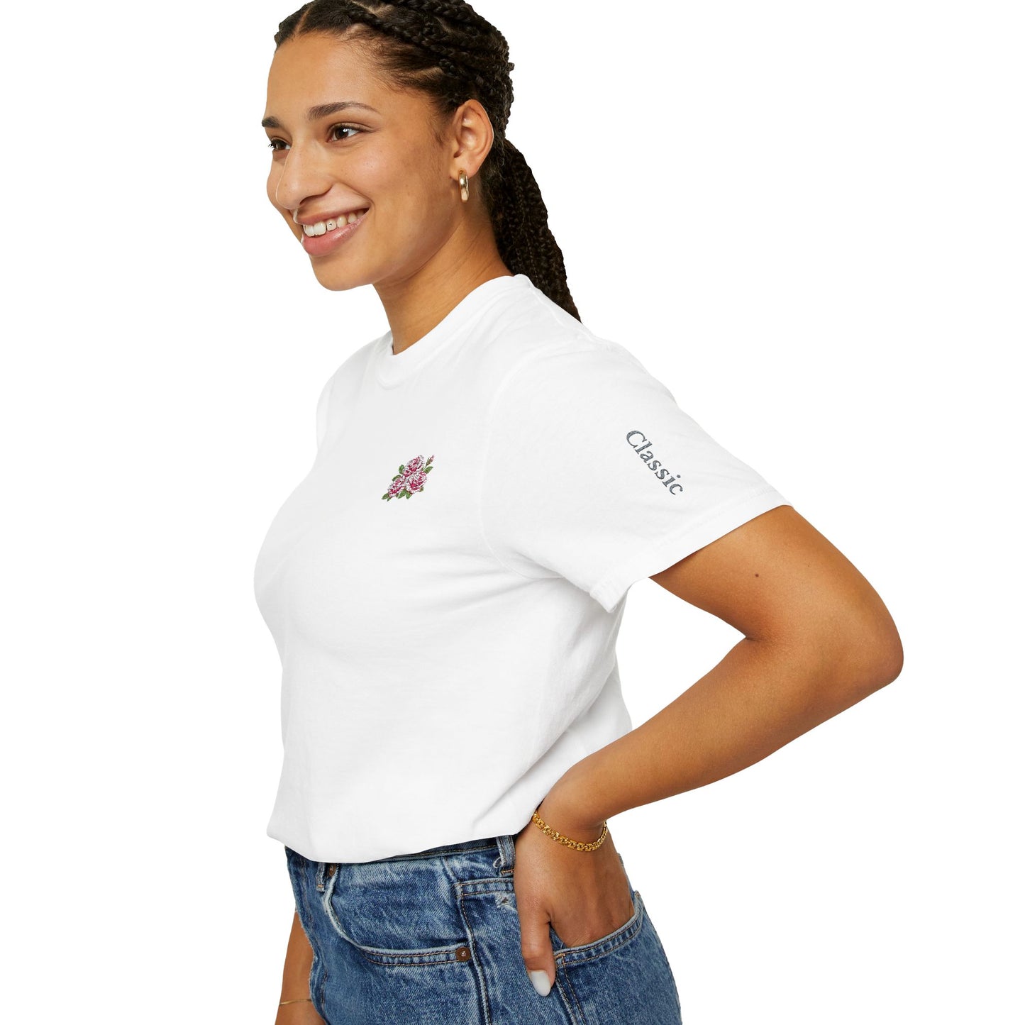 Simple Rose Bouquet Embroidered T-Shirt with Sleeve Detail