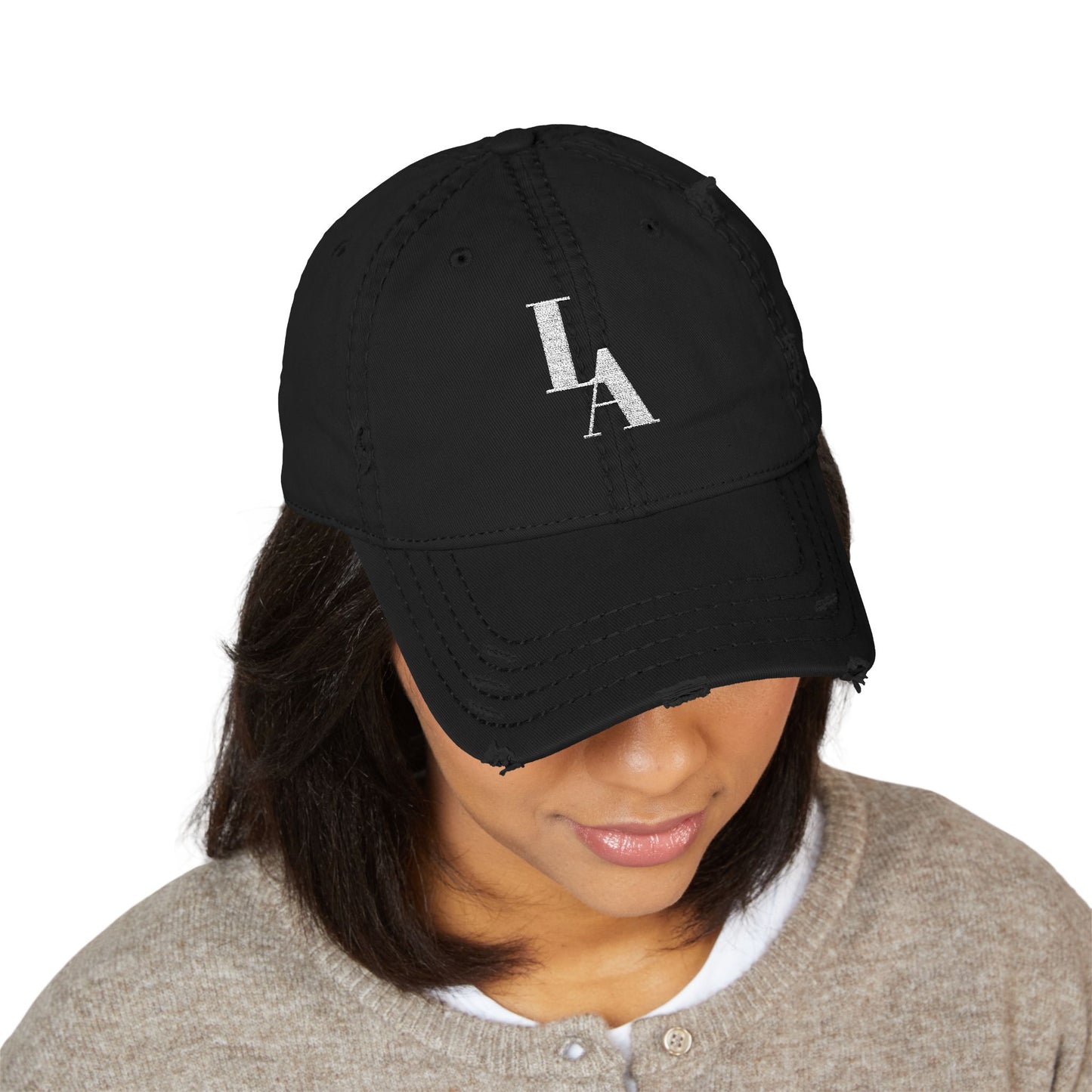 LA Monogram Distressed Dad Hat (Embroidery) Minimalist Faith Hat with Cross/Vintage Style Cap