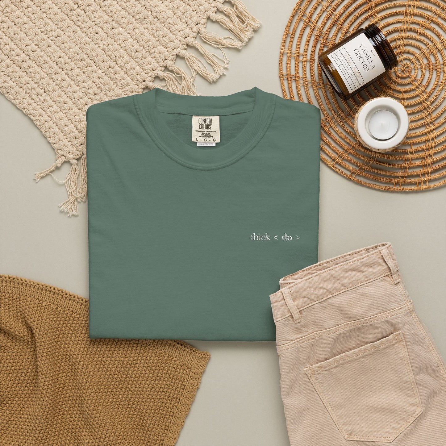 Think < Do > Embroidered Unisex T-Shirt | Minimalist Everyday Tee | Ivory Thread