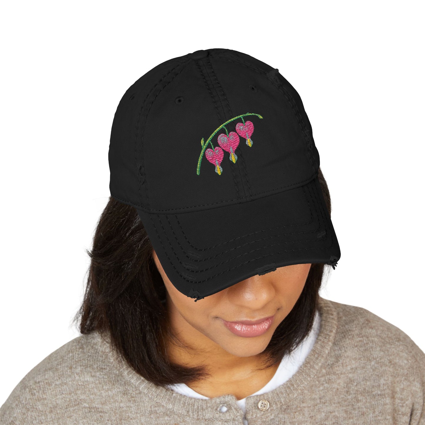 Embroidered Distressed Dad Hat — Bleeding Heart Floral with “Mom” Back