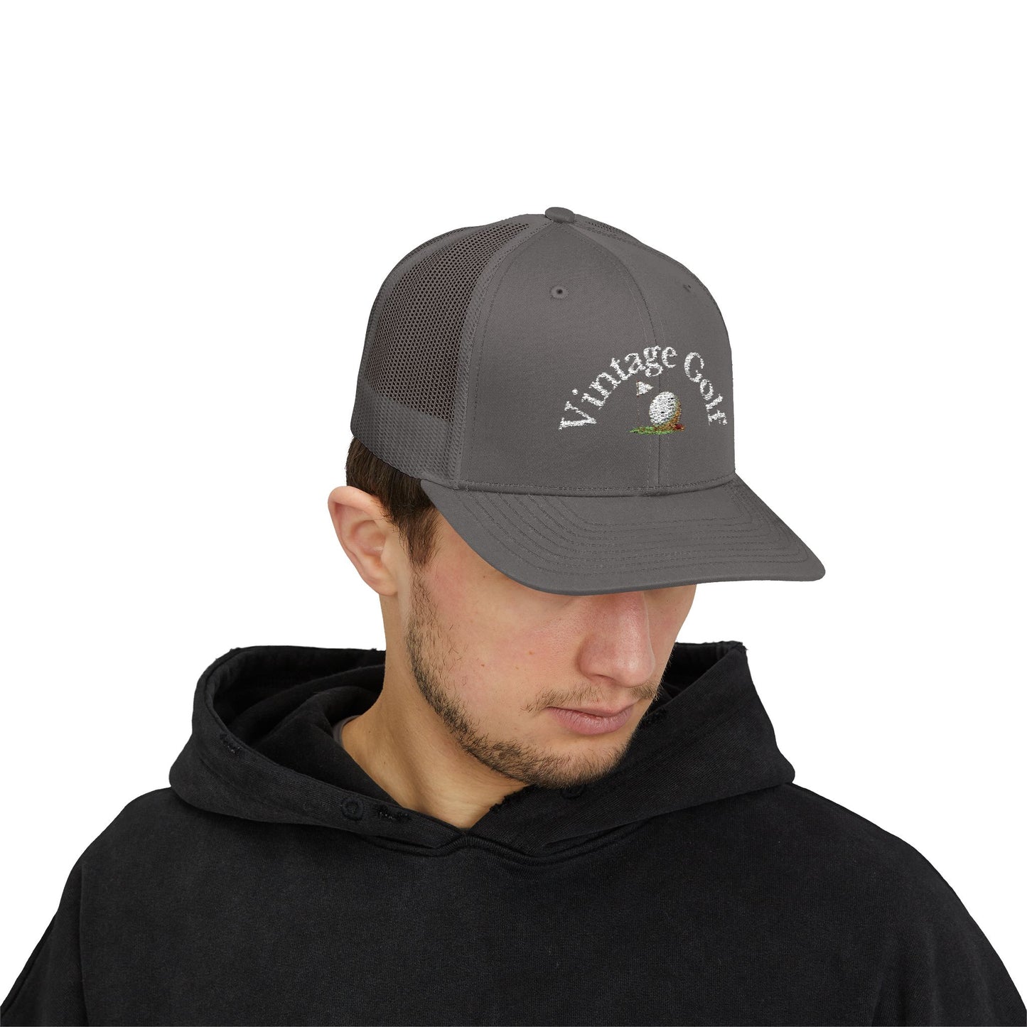 Vintage Golf Trucker Cap – Embroidered Golf Ball Flag Hat – Heritage Style Golf Hat