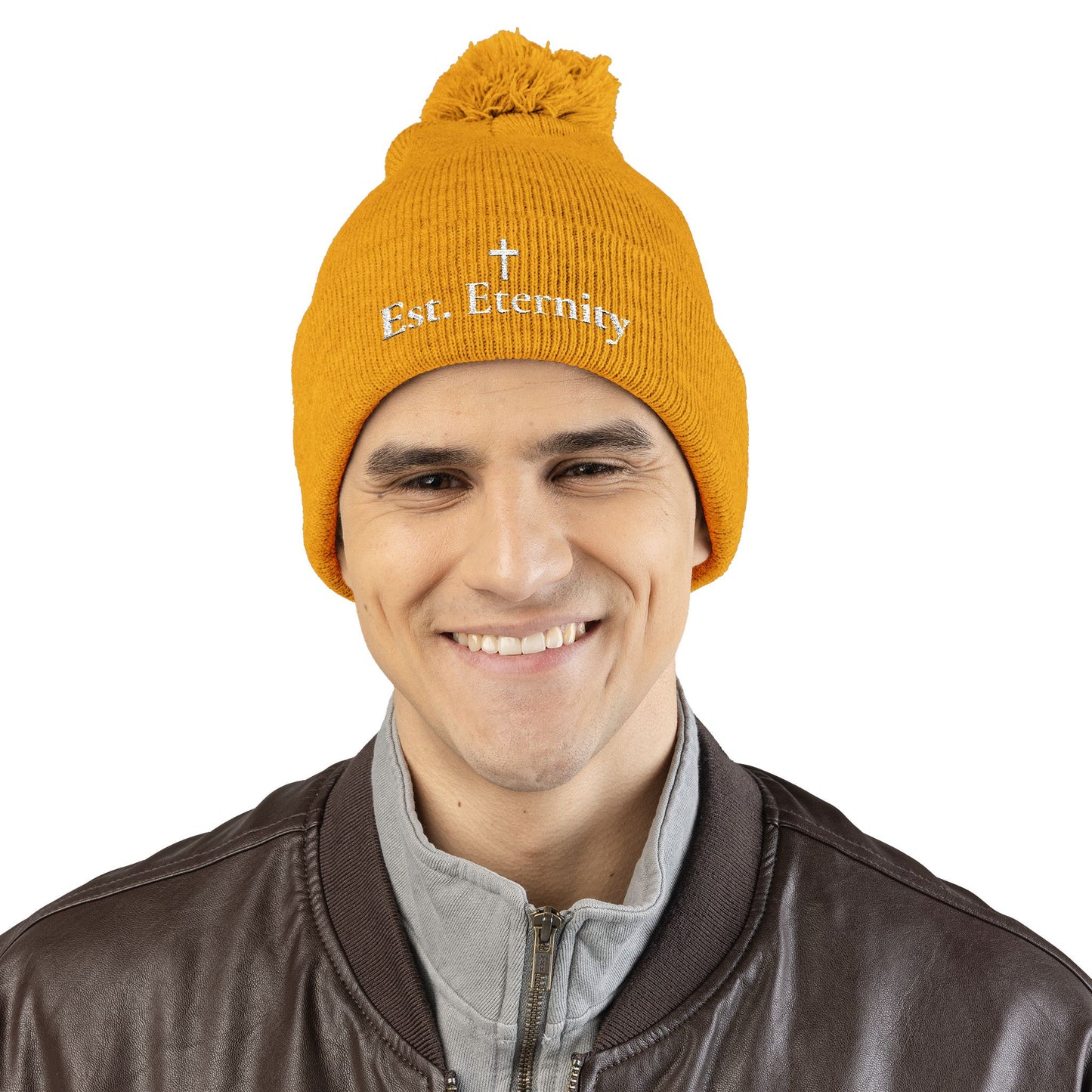 Embroidered 'Eve, Eternity' Pom-Pom Knit Cap — Cozy Christian Beanie