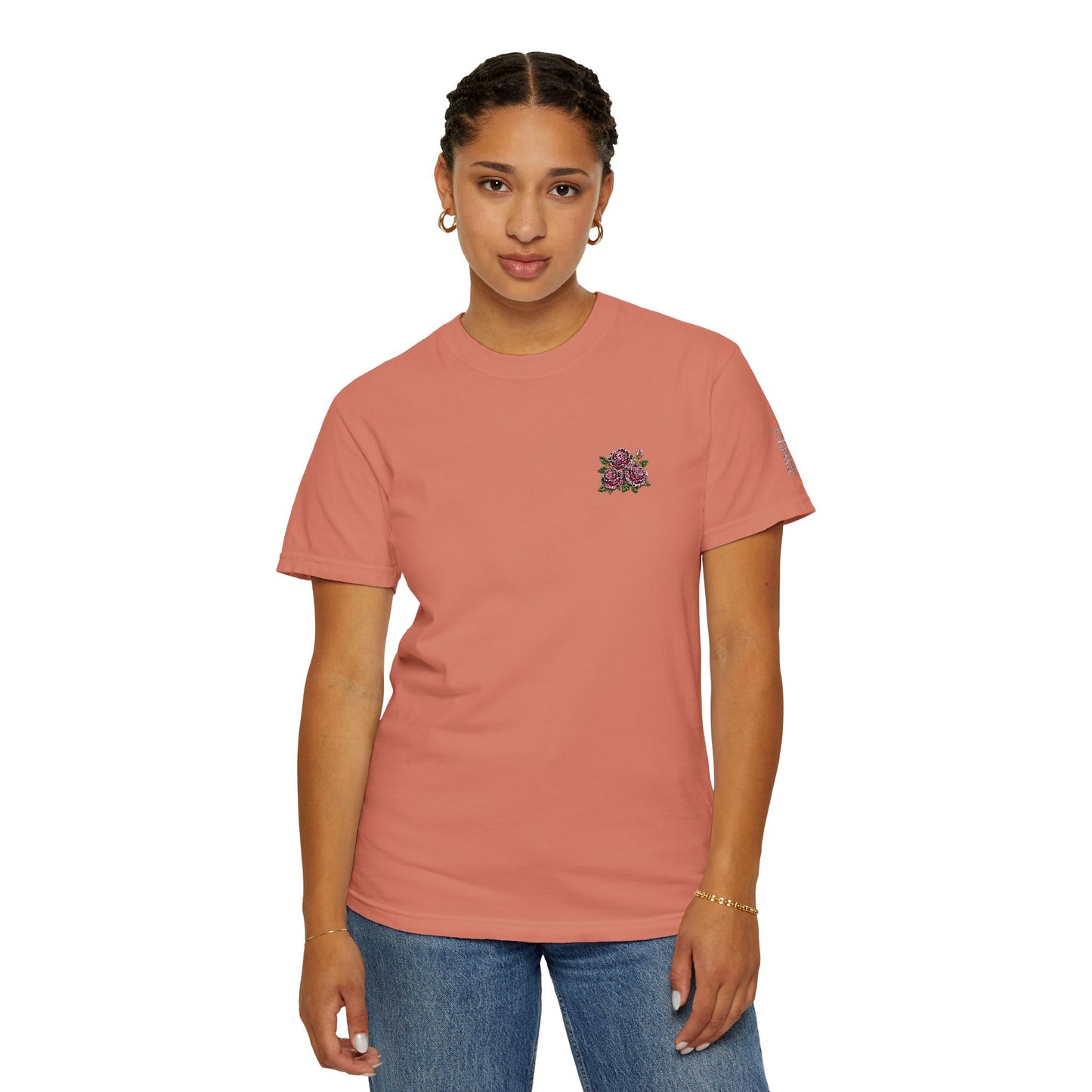 Simple Rose Bouquet Embroidered T-Shirt with Sleeve Detail