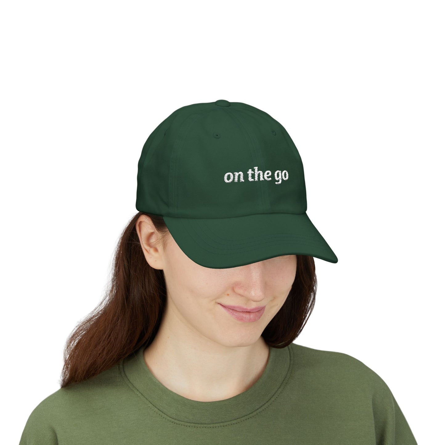 on the go embroidered classic dad cap - small arrows on back, white thread