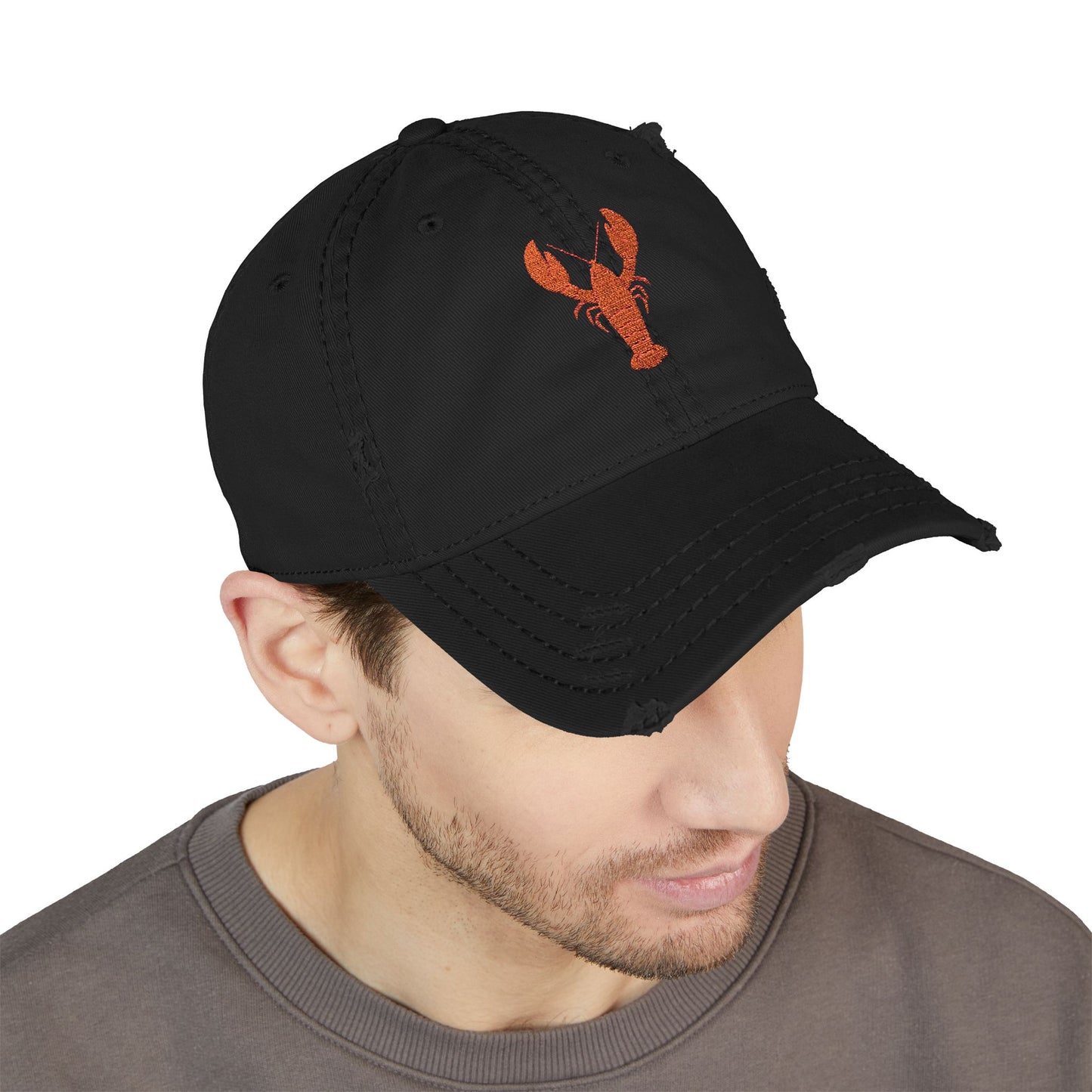 Distressed Embroidered Lobster Dad Hat — Vintage Washed Baseball Cap