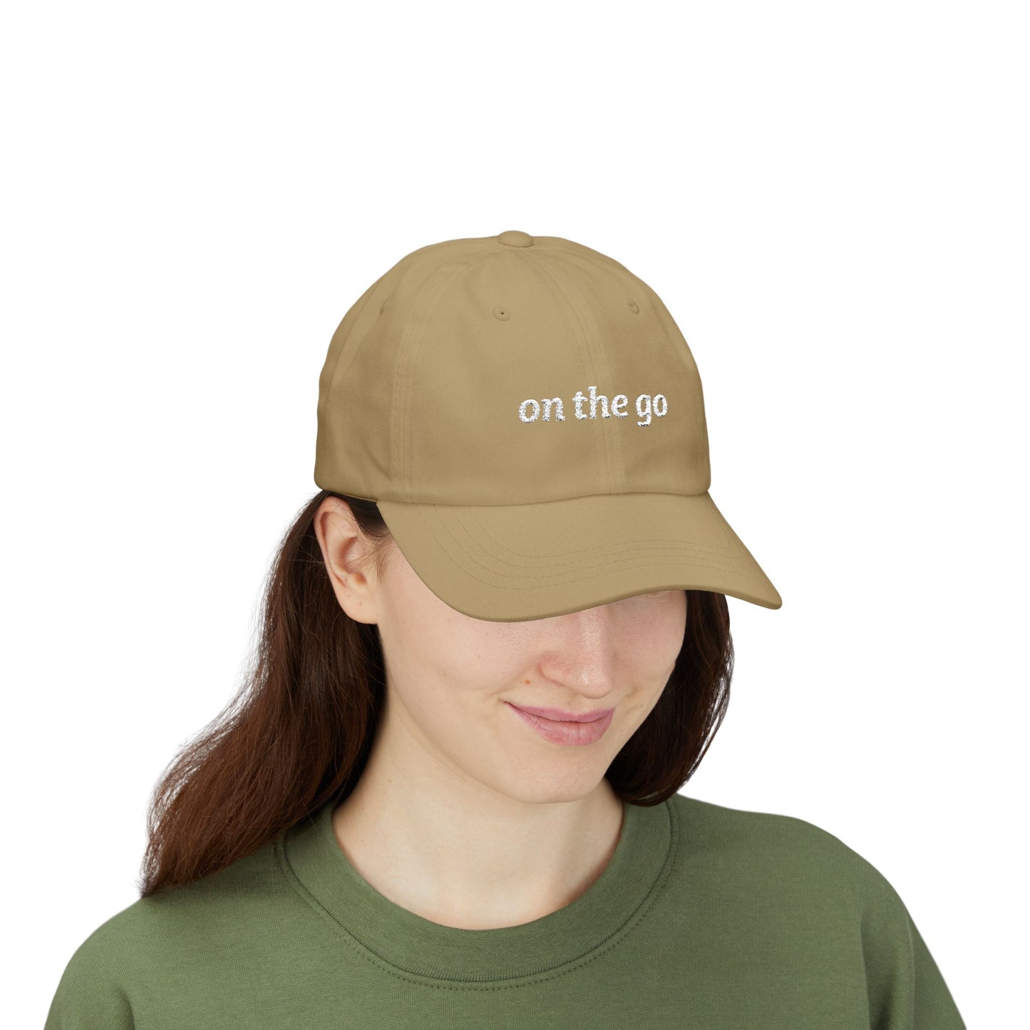 on the go embroidered classic dad cap - small arrows on back, white thread