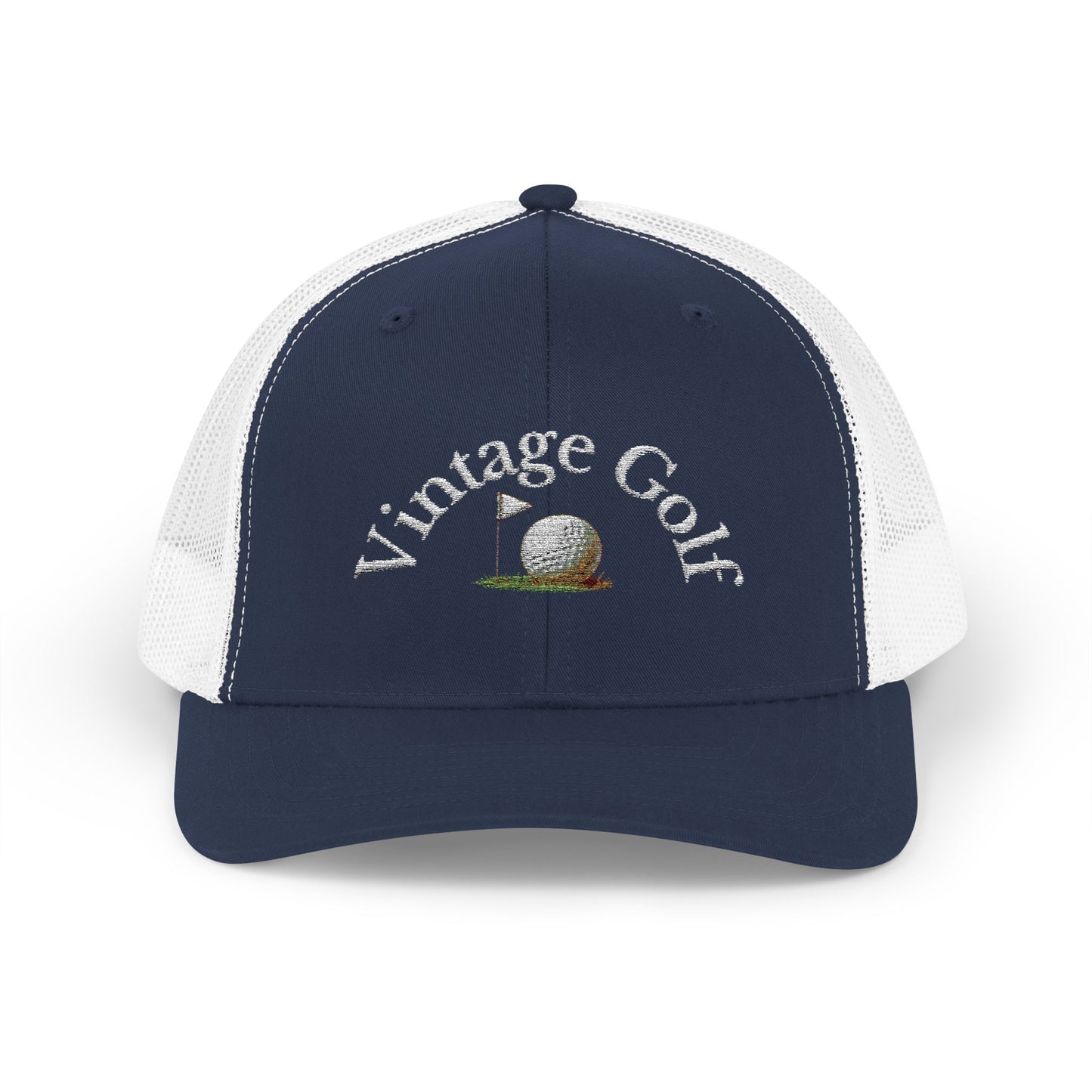 Vintage Golf Trucker Cap – Embroidered Golf Ball Flag Hat – Heritage Style Golf Hat