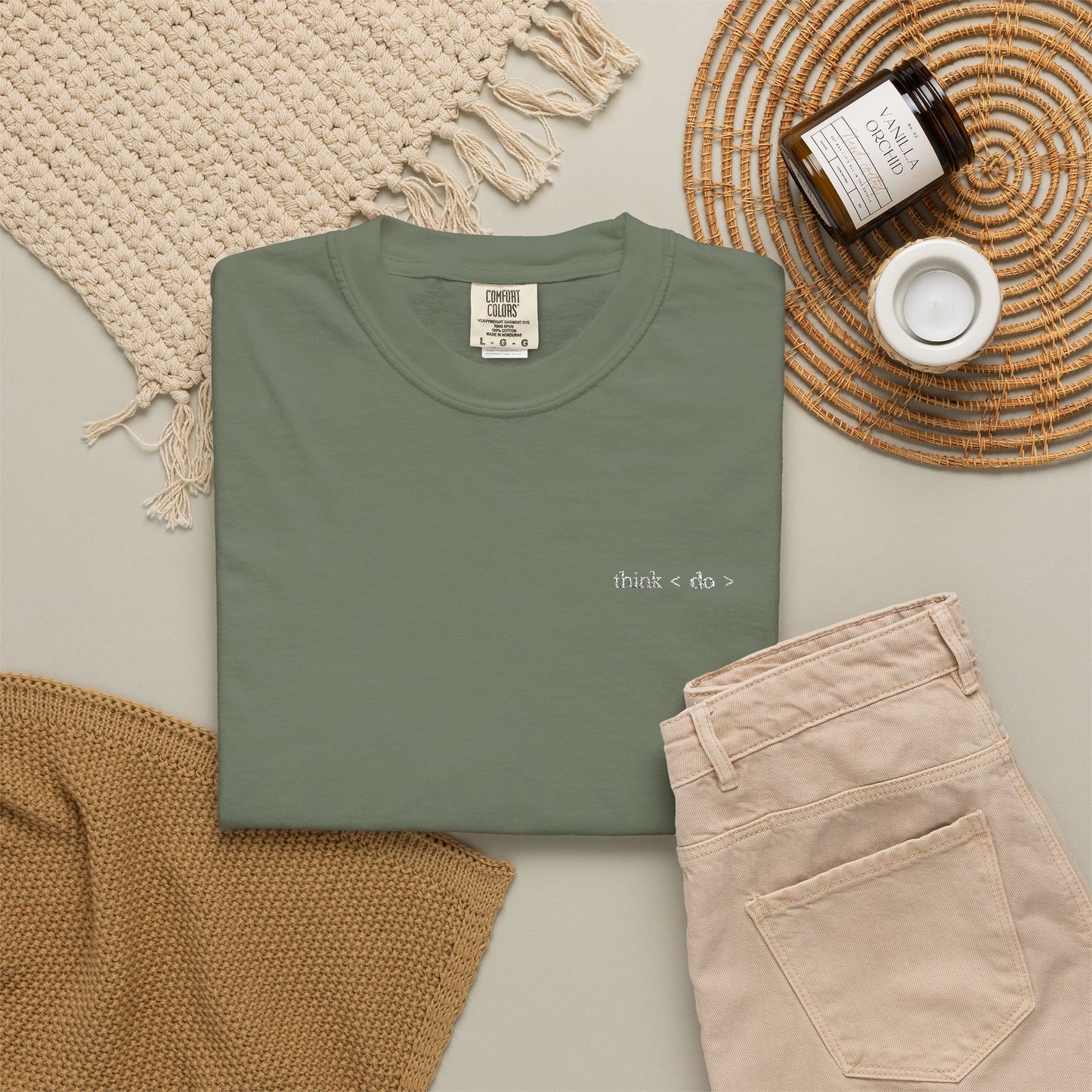 Think < Do > Embroidered Unisex T-Shirt | Minimalist Everyday Tee | Ivory Thread
