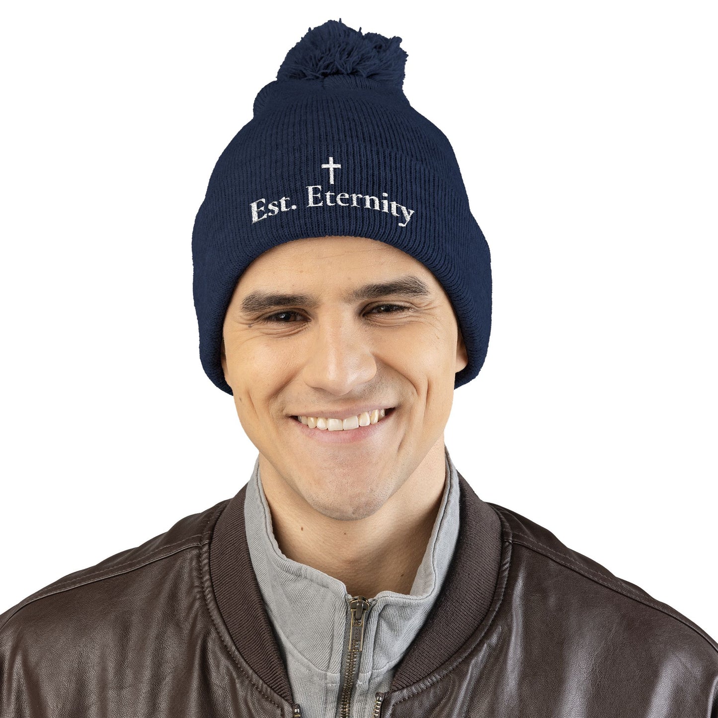 Embroidered 'Eve, Eternity' Pom-Pom Knit Cap — Cozy Christian Beanie