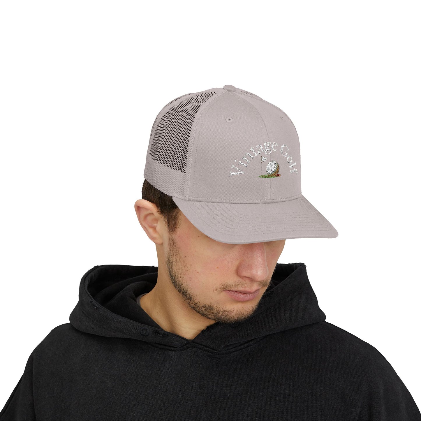 Vintage Golf Trucker Cap – Embroidered Golf Ball Flag Hat – Heritage Style Golf Hat