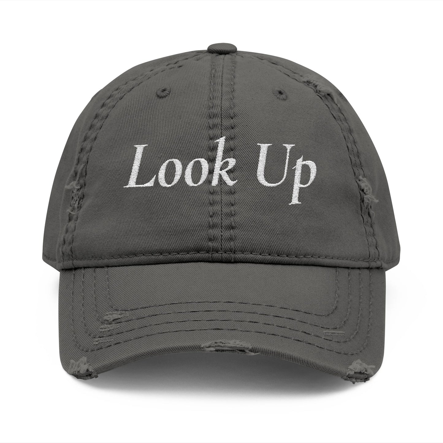 Embroidered Distressed Dad Hat - “Look Up” Front & Psalm 121 Back
