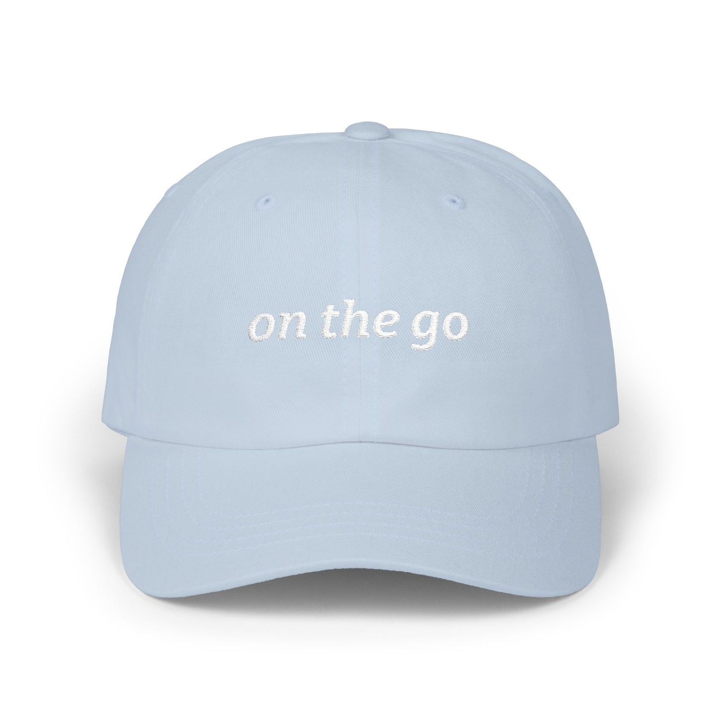 on the go embroidered classic dad cap - small arrows on back, white thread