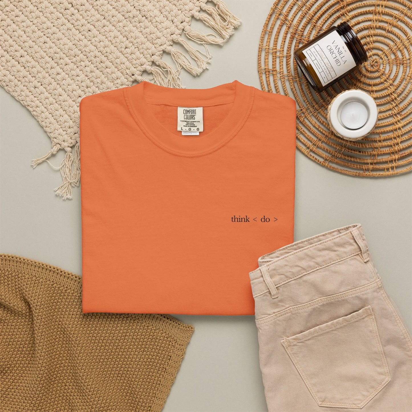 think < do > Embroidered Unisex T-Shirt | Espresso Thread with Momentum Sleeve Detail | Minimalist Everyday Tee