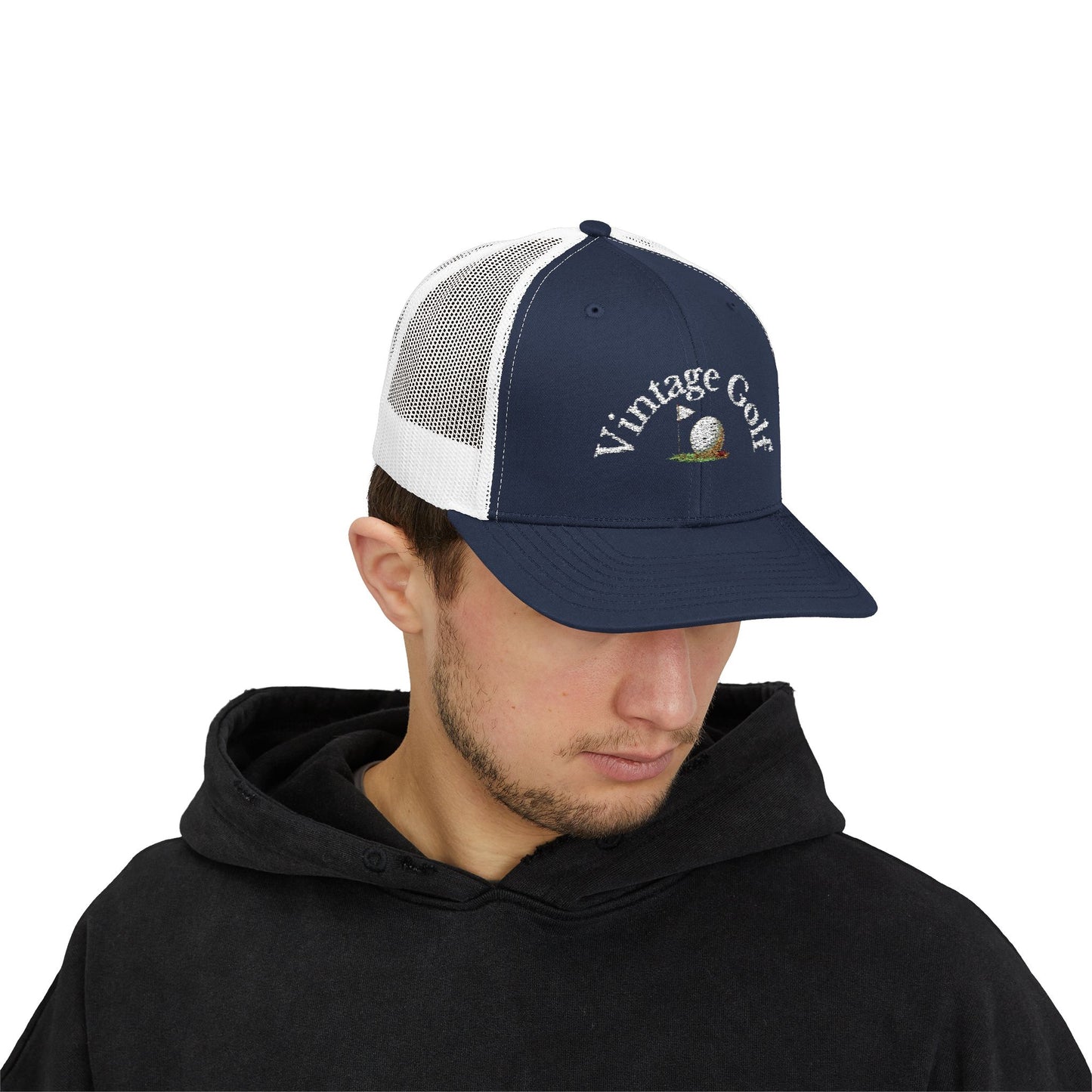 Vintage Golf Trucker Cap – Embroidered Golf Ball Flag Hat – Heritage Style Golf Hat