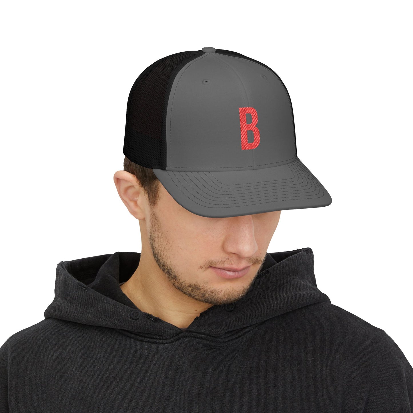 Boston (B) red embroidered Monogram Snapback Trucker Cap - Heritage Places Collection