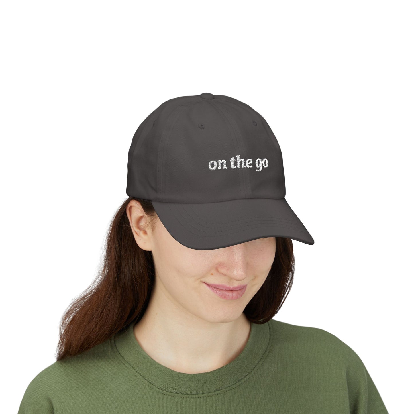 on the go embroidered classic dad cap - small arrows on back, white thread