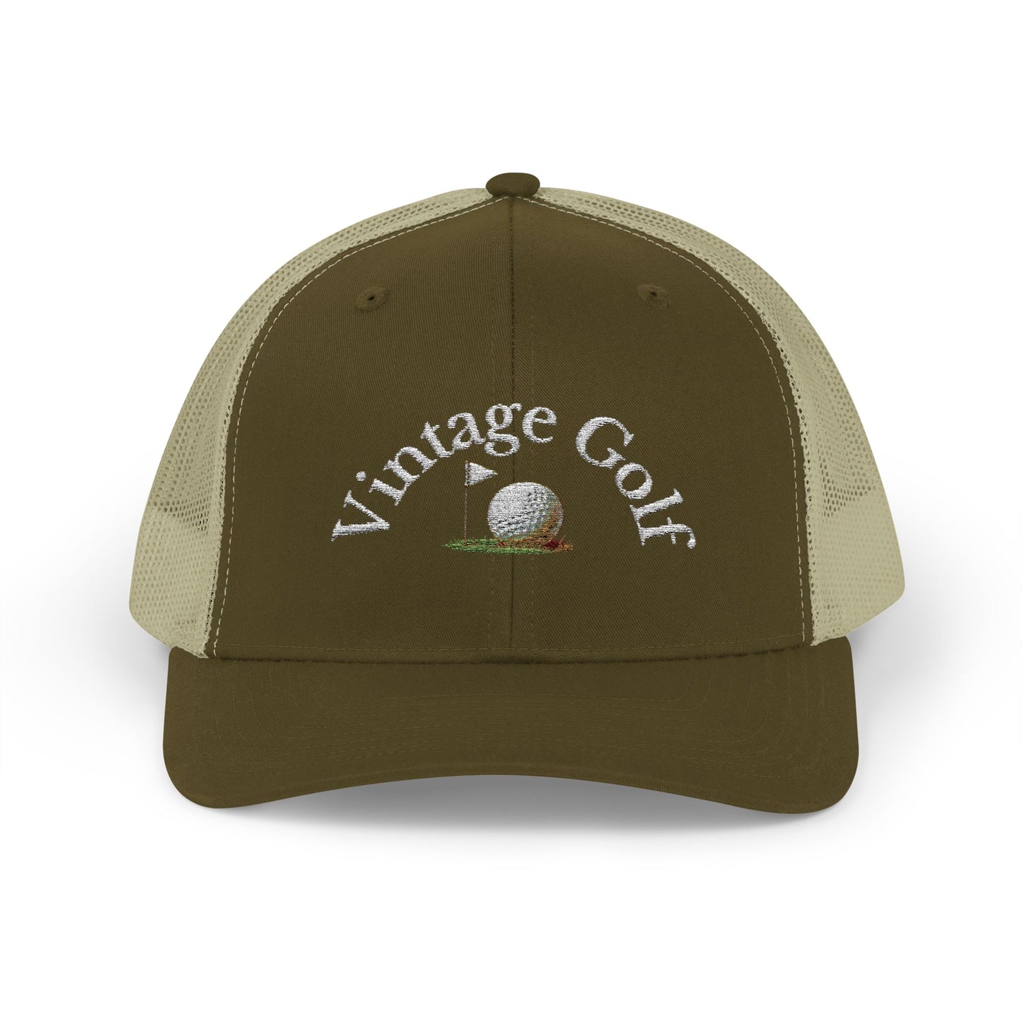Vintage Golf Trucker Cap – Embroidered Golf Ball Flag Hat – Heritage Style Golf Hat