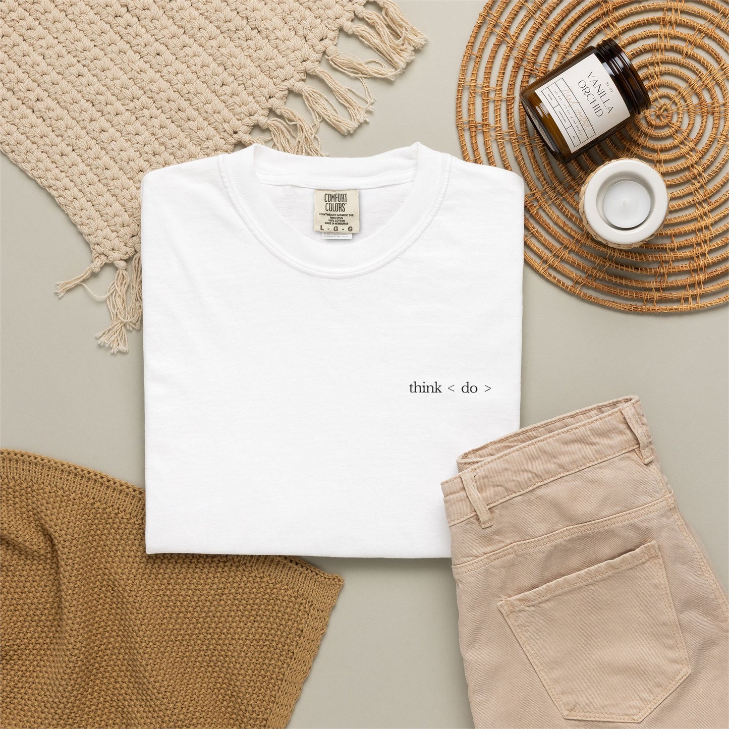 think < do > Embroidered Unisex T-Shirt | Espresso Thread with Momentum Sleeve Detail | Minimalist Everyday Tee