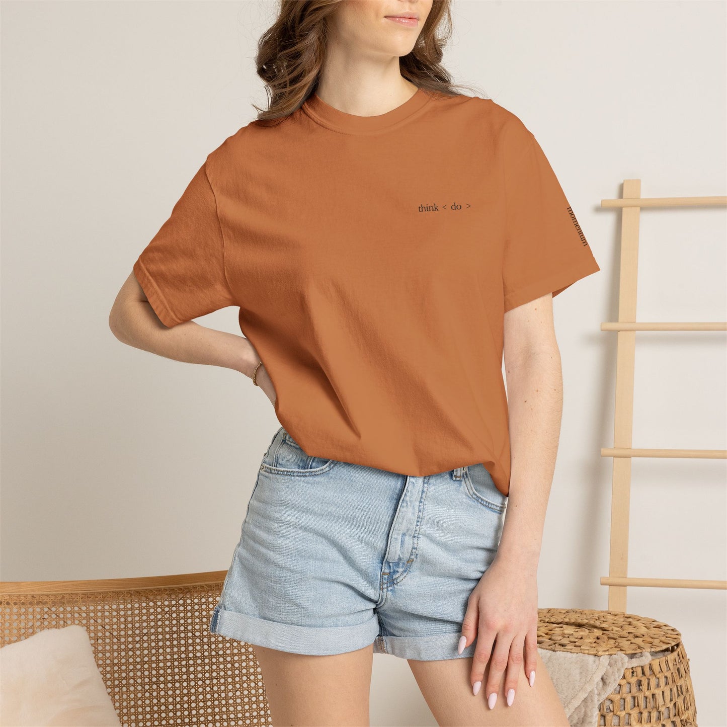 think < do > Embroidered Unisex T-Shirt | Espresso Thread with Momentum Sleeve Detail | Minimalist Everyday Tee
