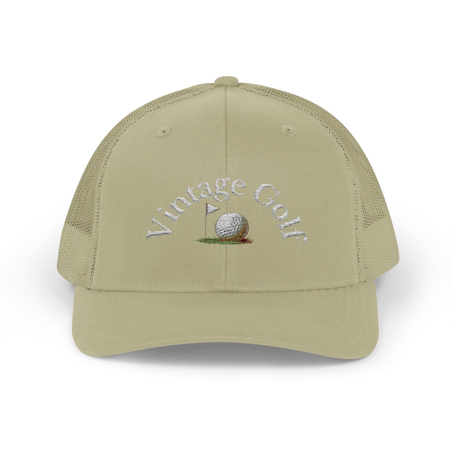 Vintage Golf Trucker Cap – Embroidered Golf Ball Flag Hat – Heritage Style Golf Hat
