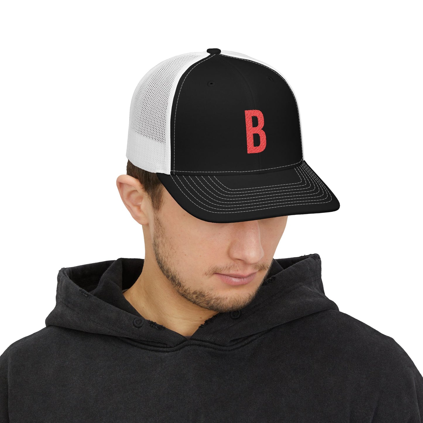 Boston (B) red embroidered Monogram Snapback Trucker Cap - Heritage Places Collection