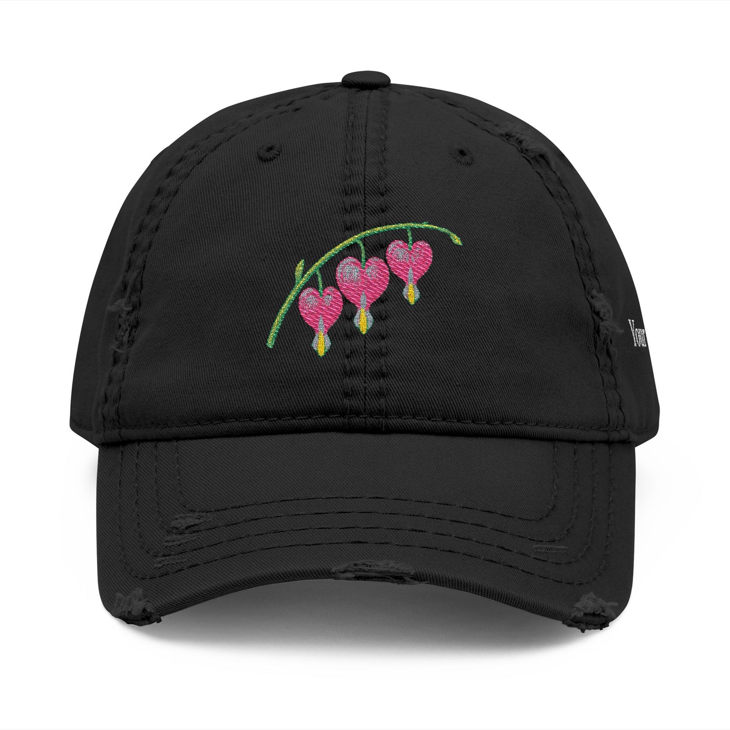 Embroidered Distressed Dad Hat — Bleeding Heart Floral with “Mom” Back