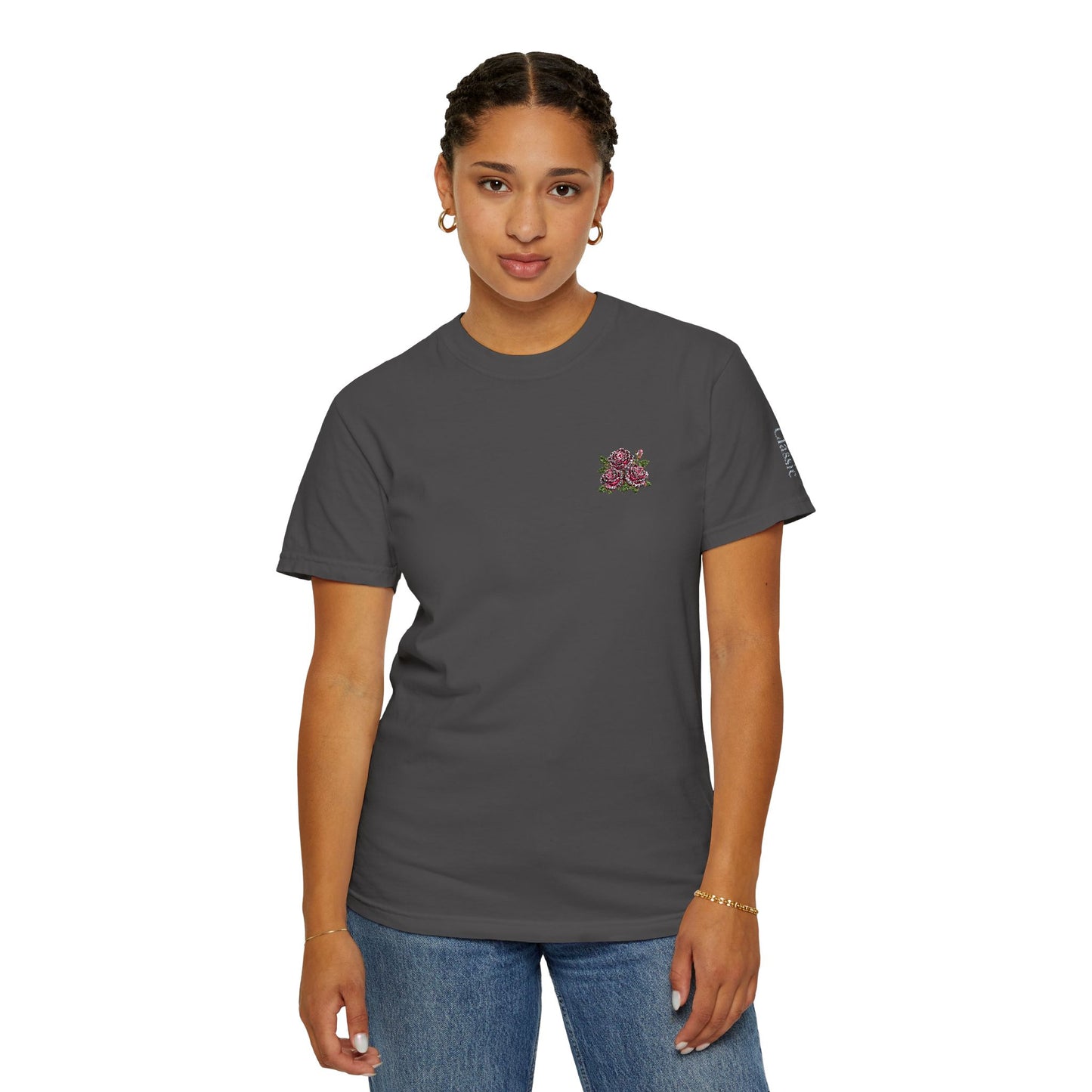 Simple Rose Bouquet Embroidered T-Shirt with Sleeve Detail