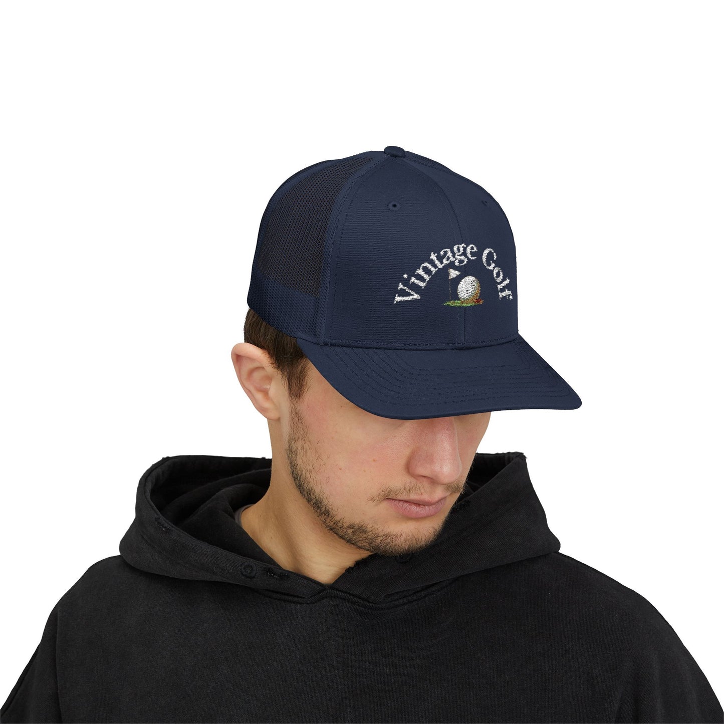 Vintage Golf Trucker Cap – Embroidered Golf Ball Flag Hat – Heritage Style Golf Hat