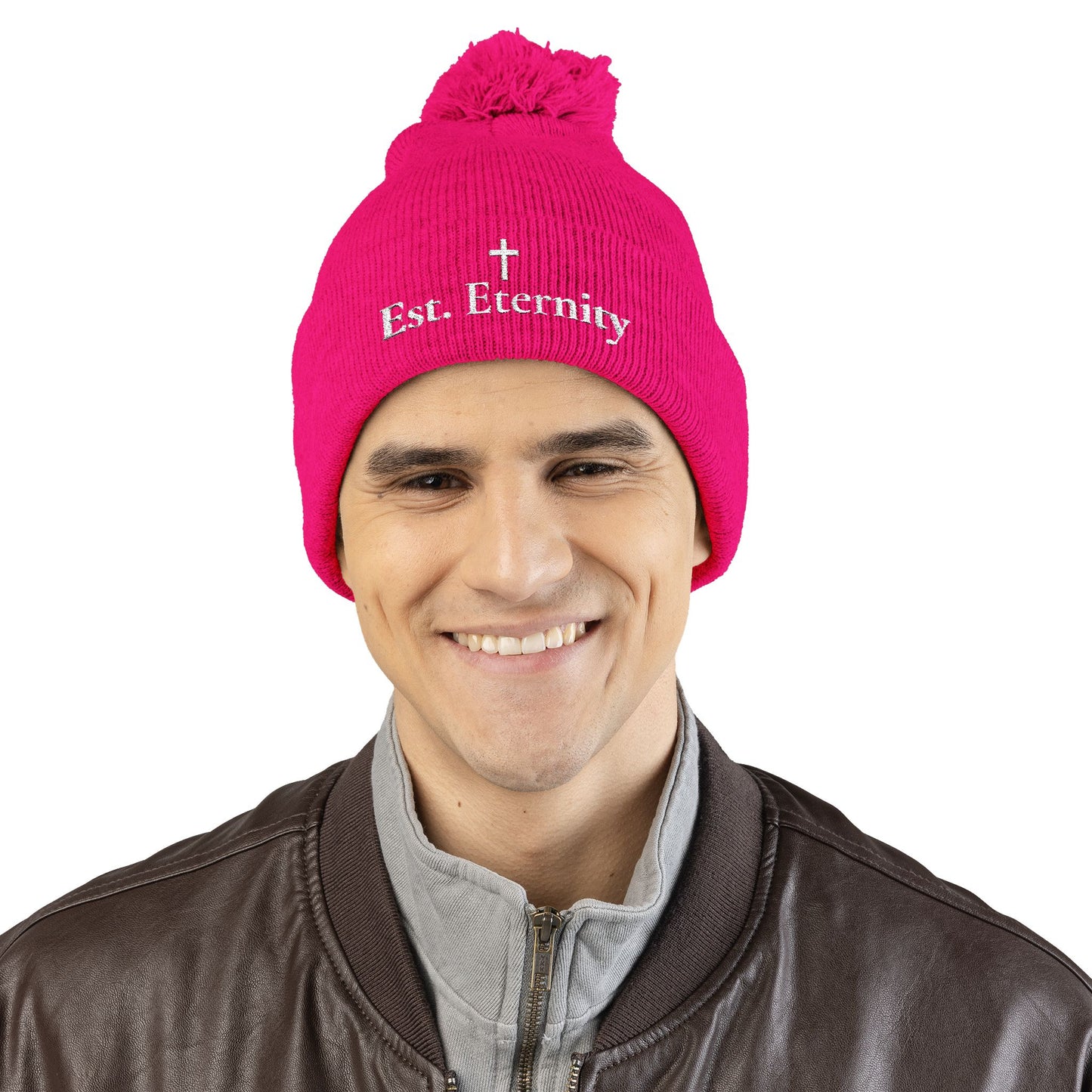 Embroidered 'Eve, Eternity' Pom-Pom Knit Cap — Cozy Christian Beanie