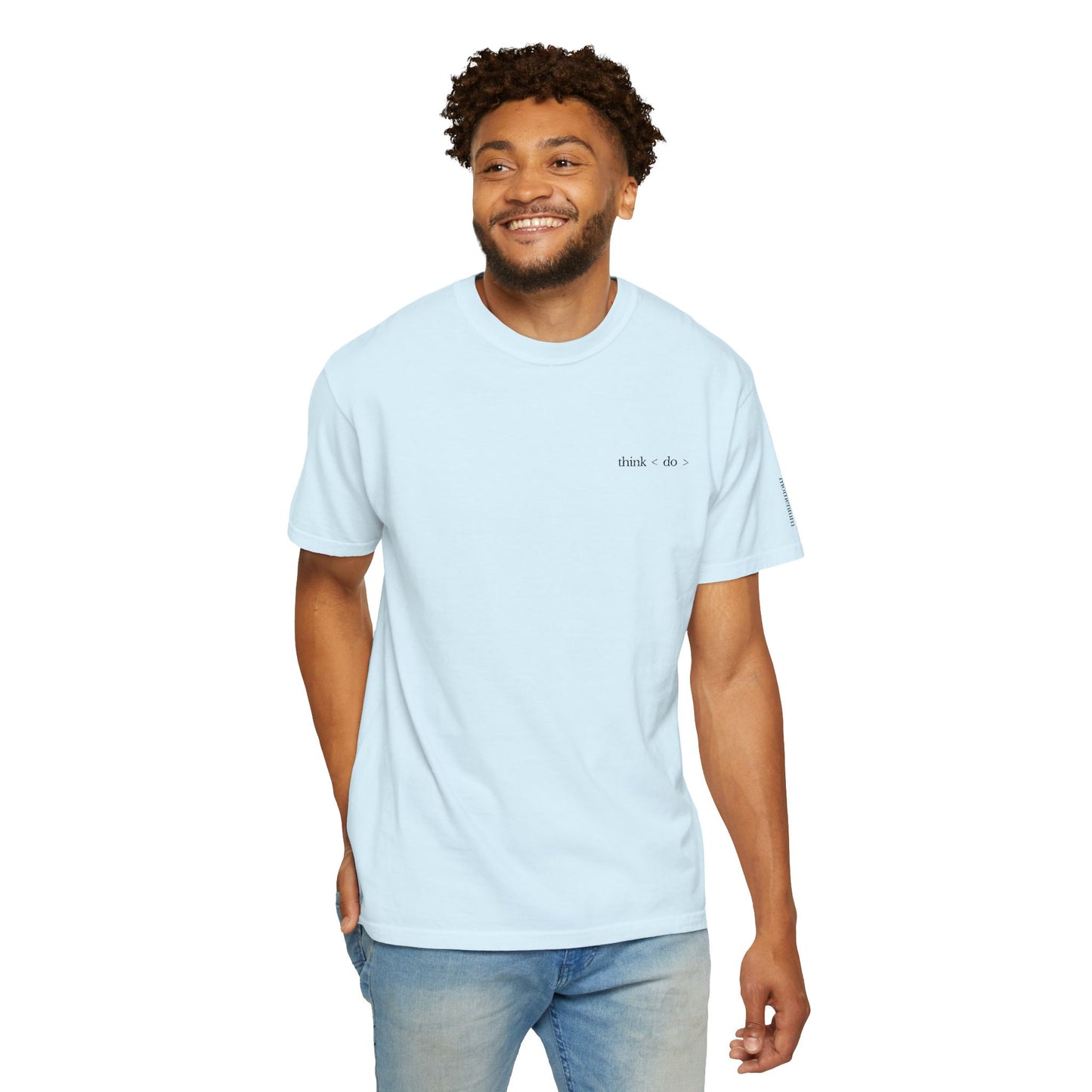 think < do > Embroidered Unisex T-Shirt | Espresso Thread with Momentum Sleeve Detail | Minimalist Everyday Tee