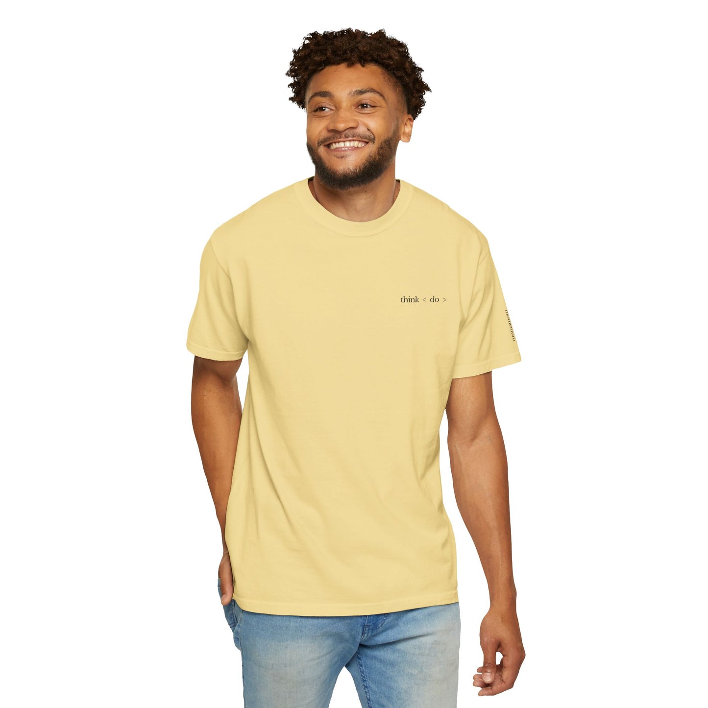 think < do > Embroidered Unisex T-Shirt | Espresso Thread with Momentum Sleeve Detail | Minimalist Everyday Tee