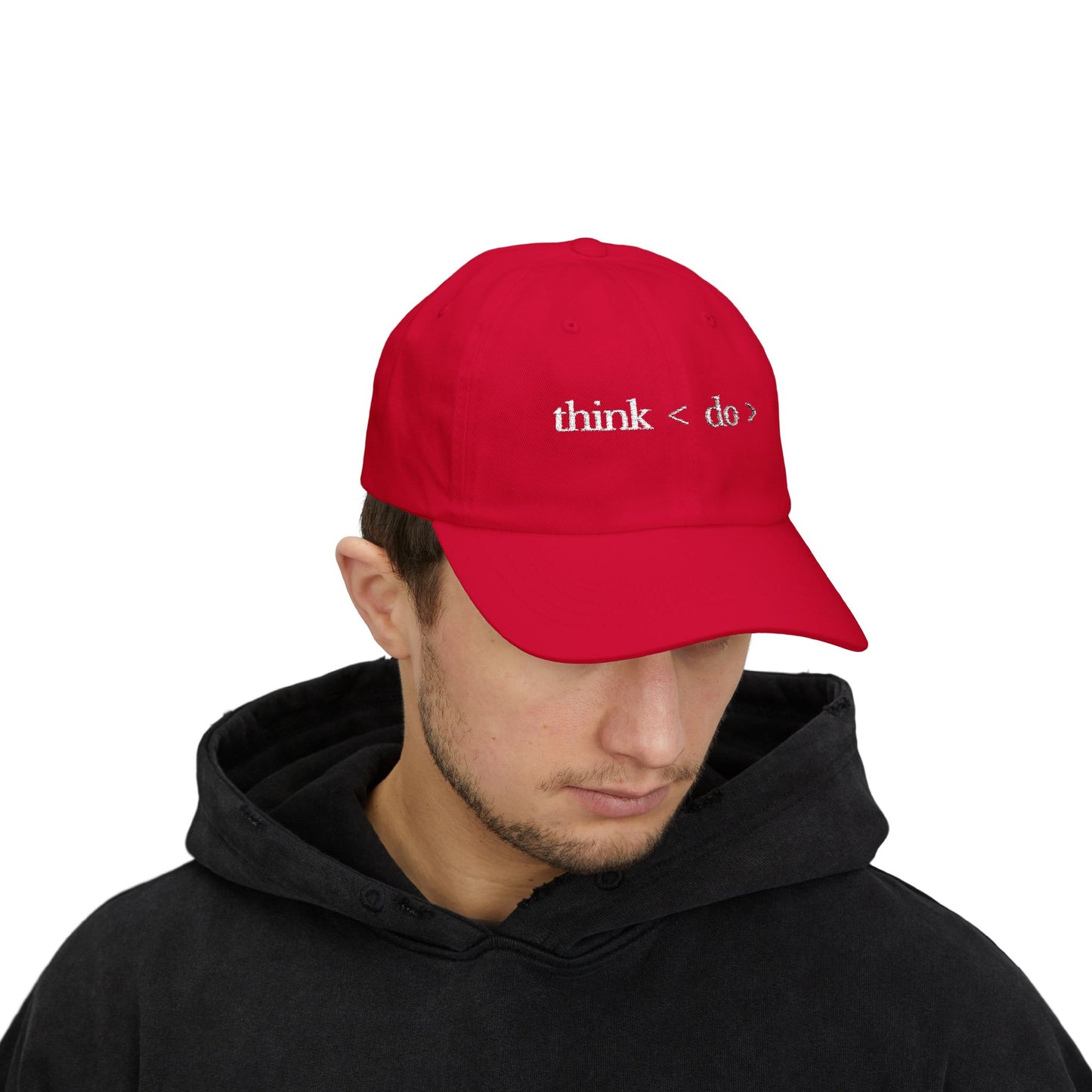 think < do > Minimalist Embroidered Dad Cap | Ivory Thread | Unisex Adjustable Hat