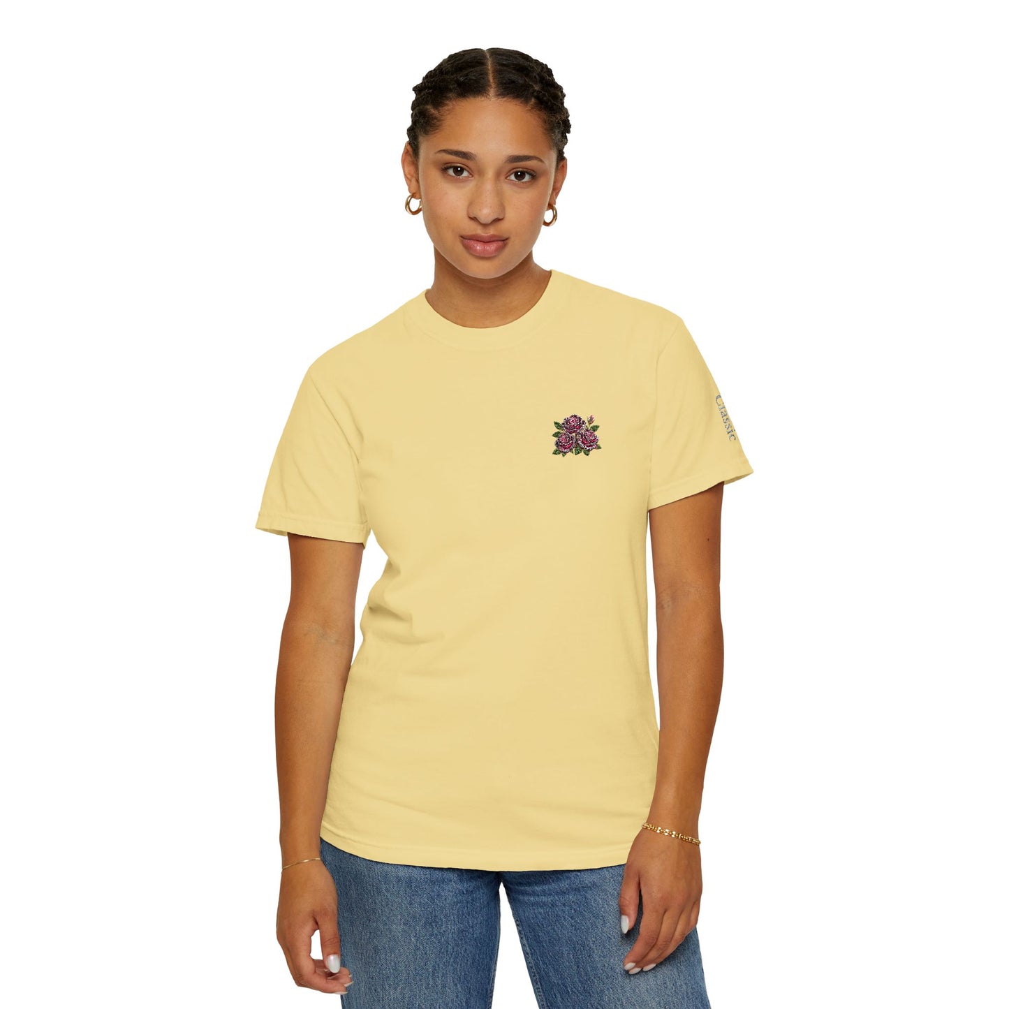 Simple Rose Bouquet Embroidered T-Shirt with Sleeve Detail