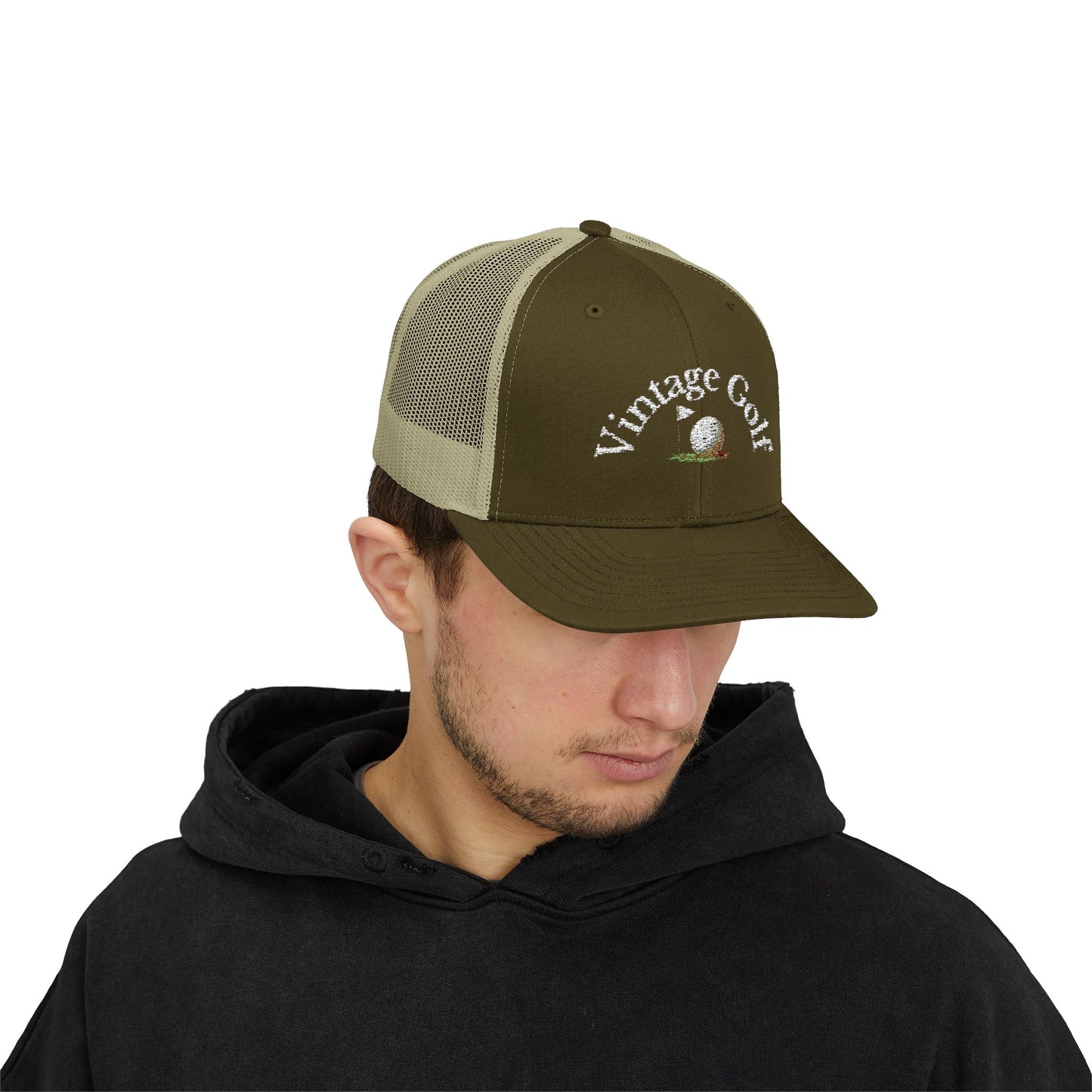 Vintage Golf Trucker Cap – Embroidered Golf Ball Flag Hat – Heritage Style Golf Hat