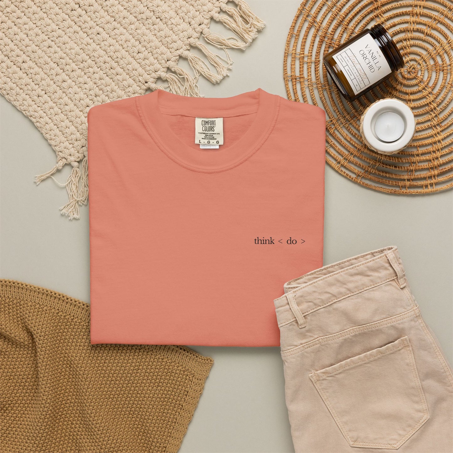 think < do > Embroidered Unisex T-Shirt | Espresso Thread with Momentum Sleeve Detail | Minimalist Everyday Tee