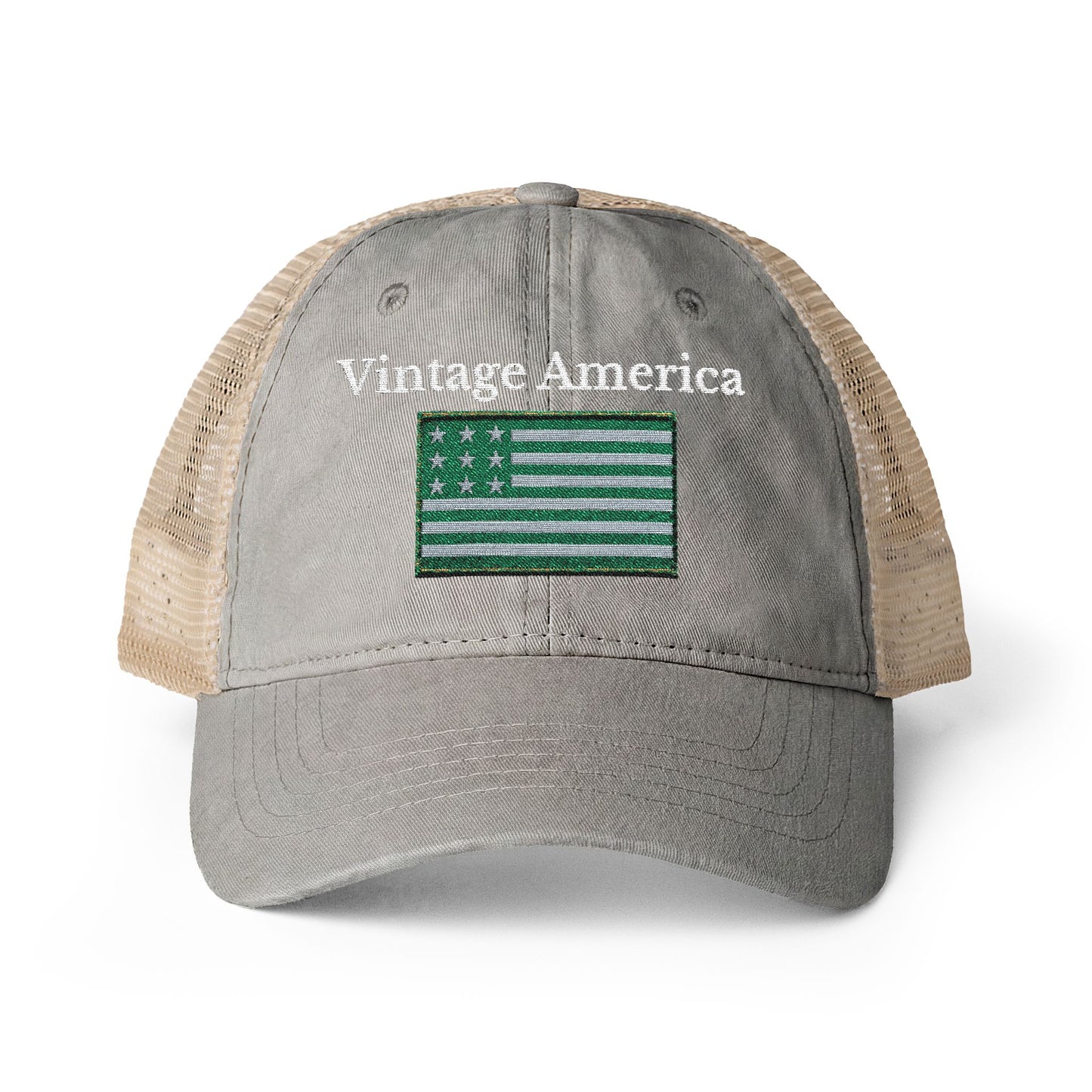 Vintage America Women’s Washed Mesh-Back Cap – Embroidered Olive Heritage Flag Hat