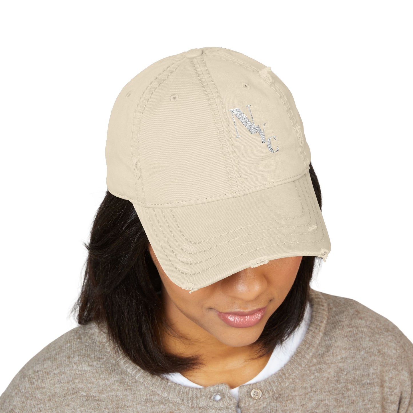 NYC Monogram Distressed Dad Hat (Embroidery) Minimalist Faith Hat with Cross/Vintage Style Cap