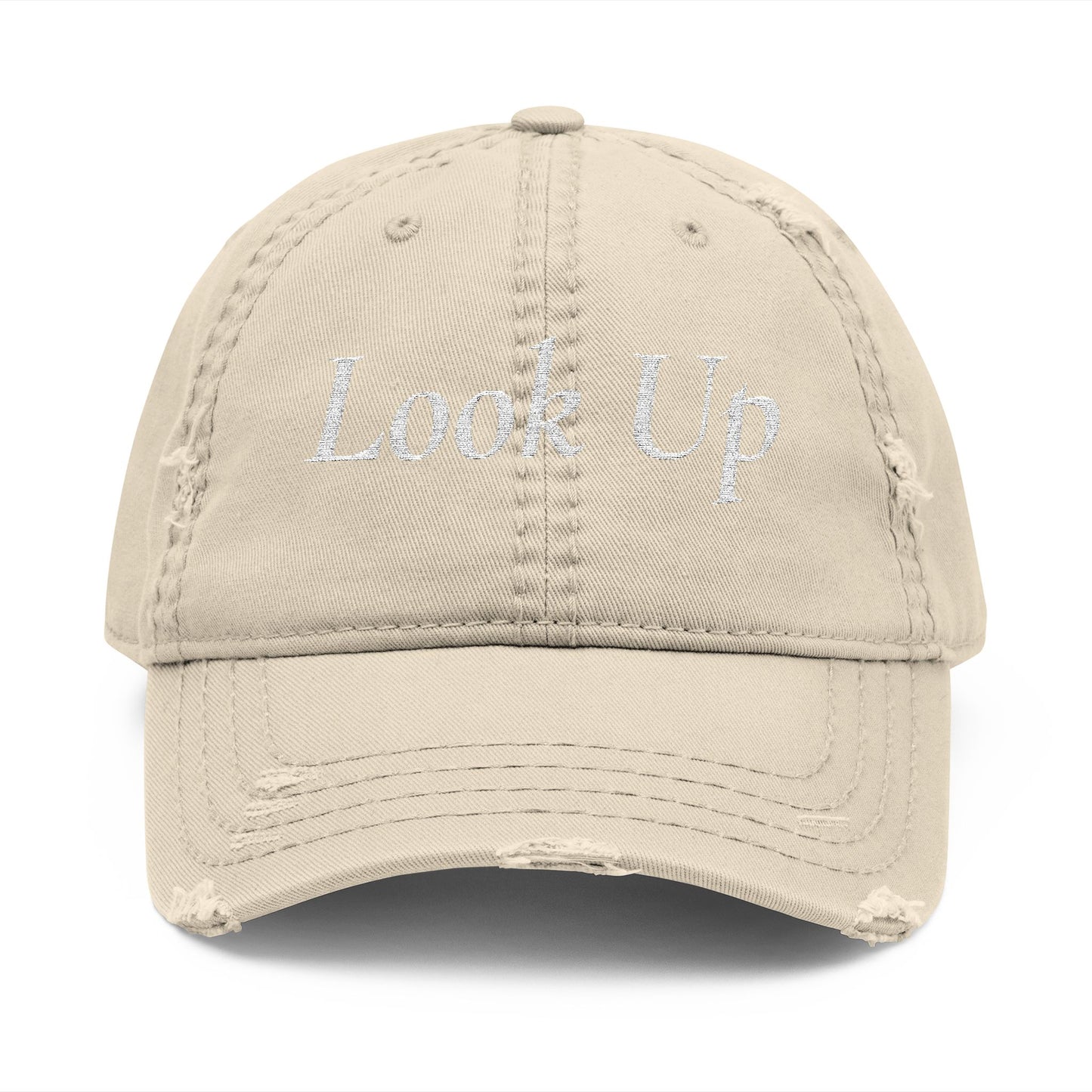 Embroidered Distressed Dad Hat - “Look Up” Front & Psalm 121 Back