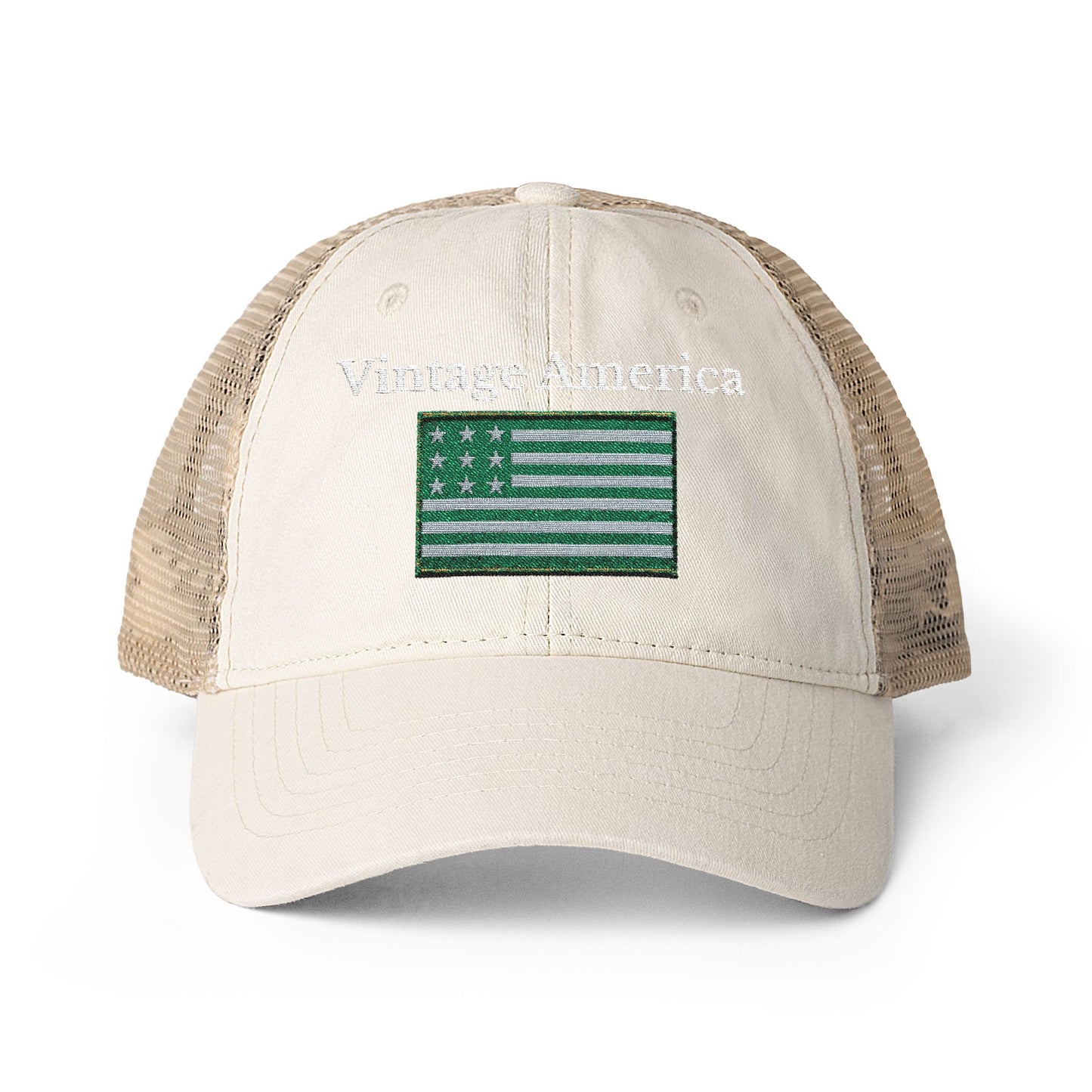 Vintage America Women’s Washed Mesh-Back Cap – Embroidered Olive Heritage Flag Hat