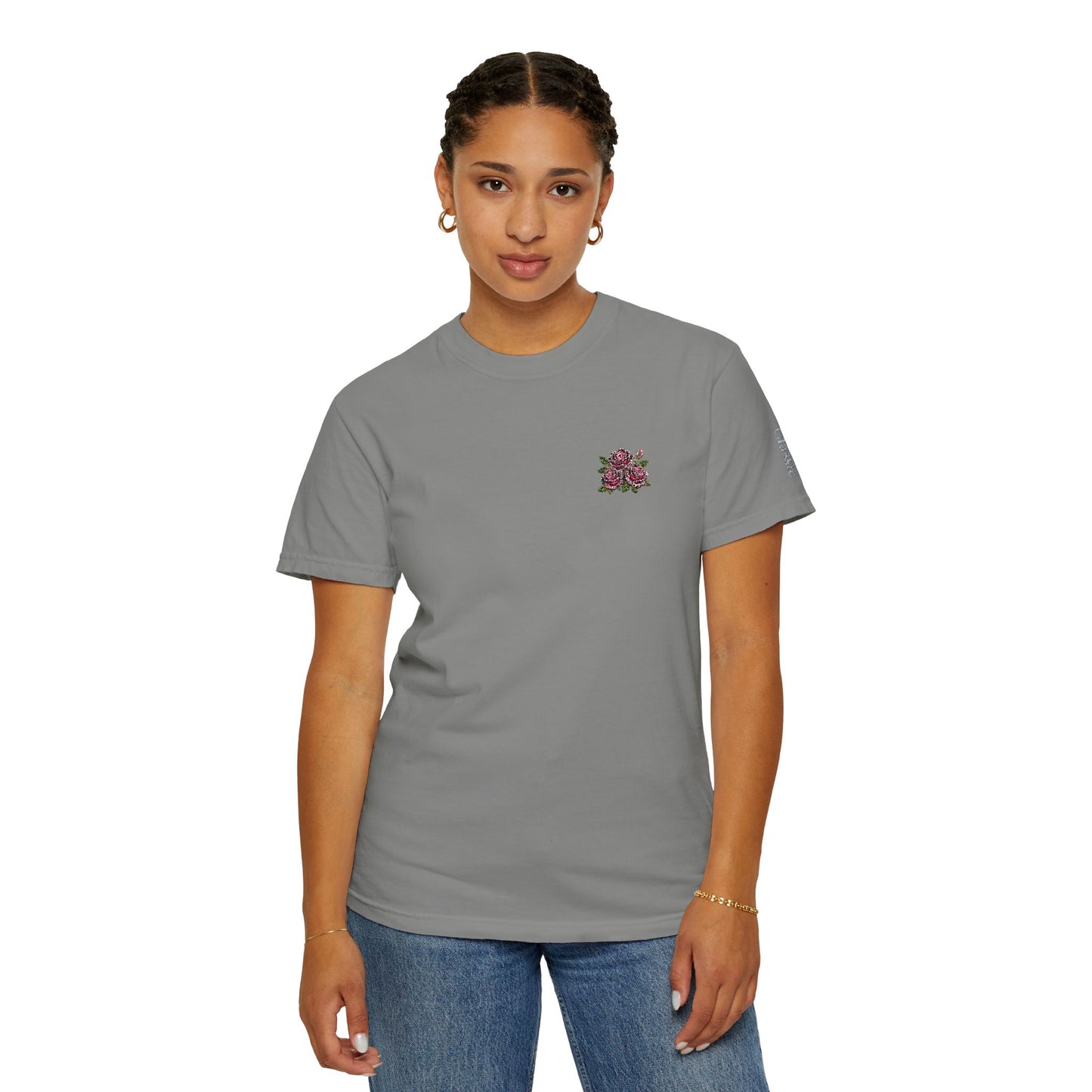 Simple Rose Bouquet Embroidered T-Shirt with Sleeve Detail