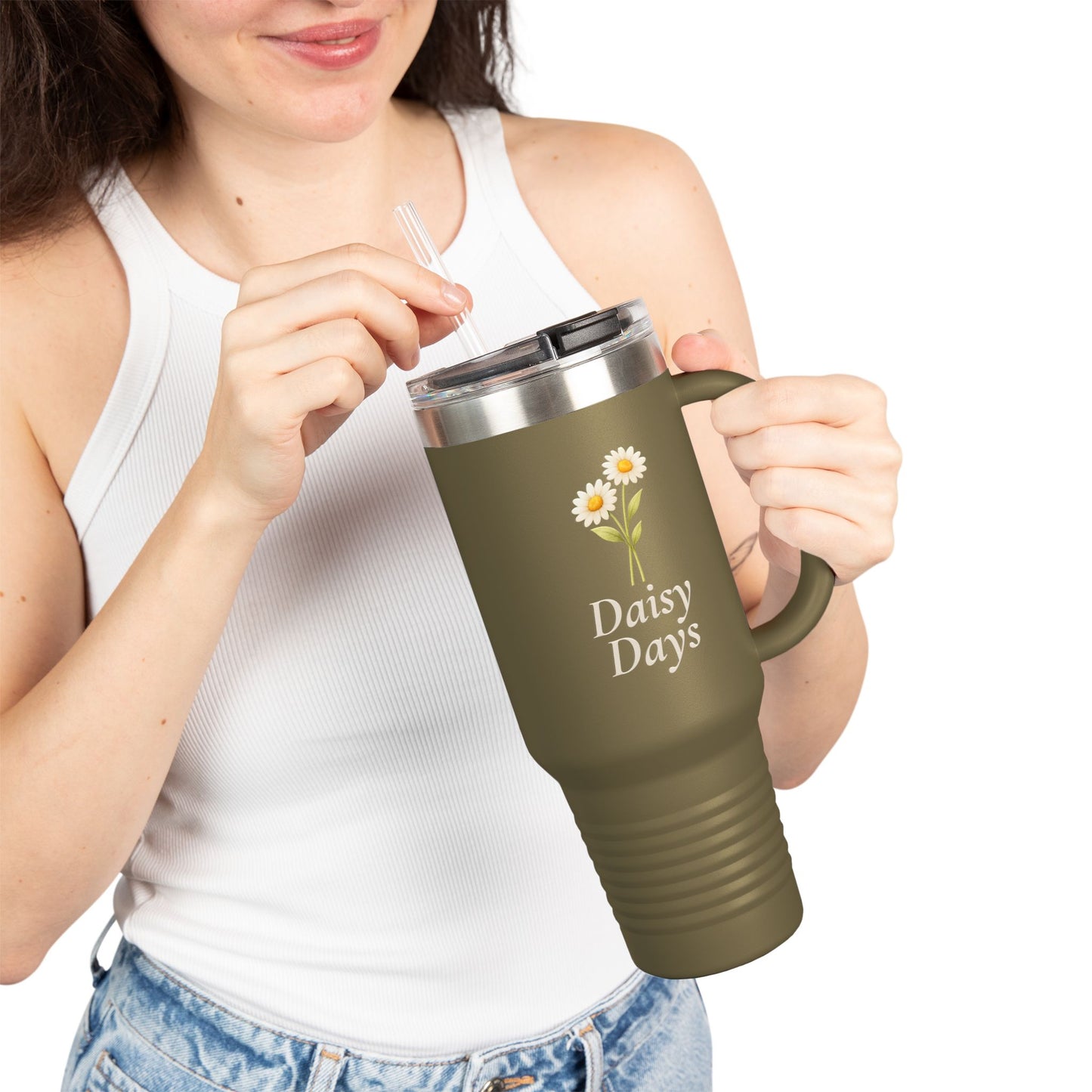 Daisy Days 40 oz Insulated Travel Mug | Floral Tumbler with Handle