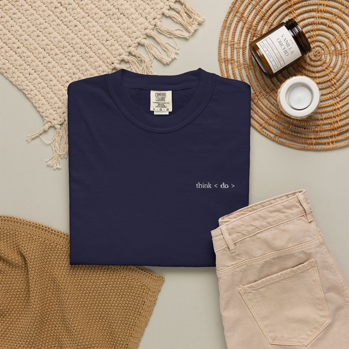 Think < Do > Embroidered Unisex T-Shirt | Minimalist Everyday Tee | Ivory Thread