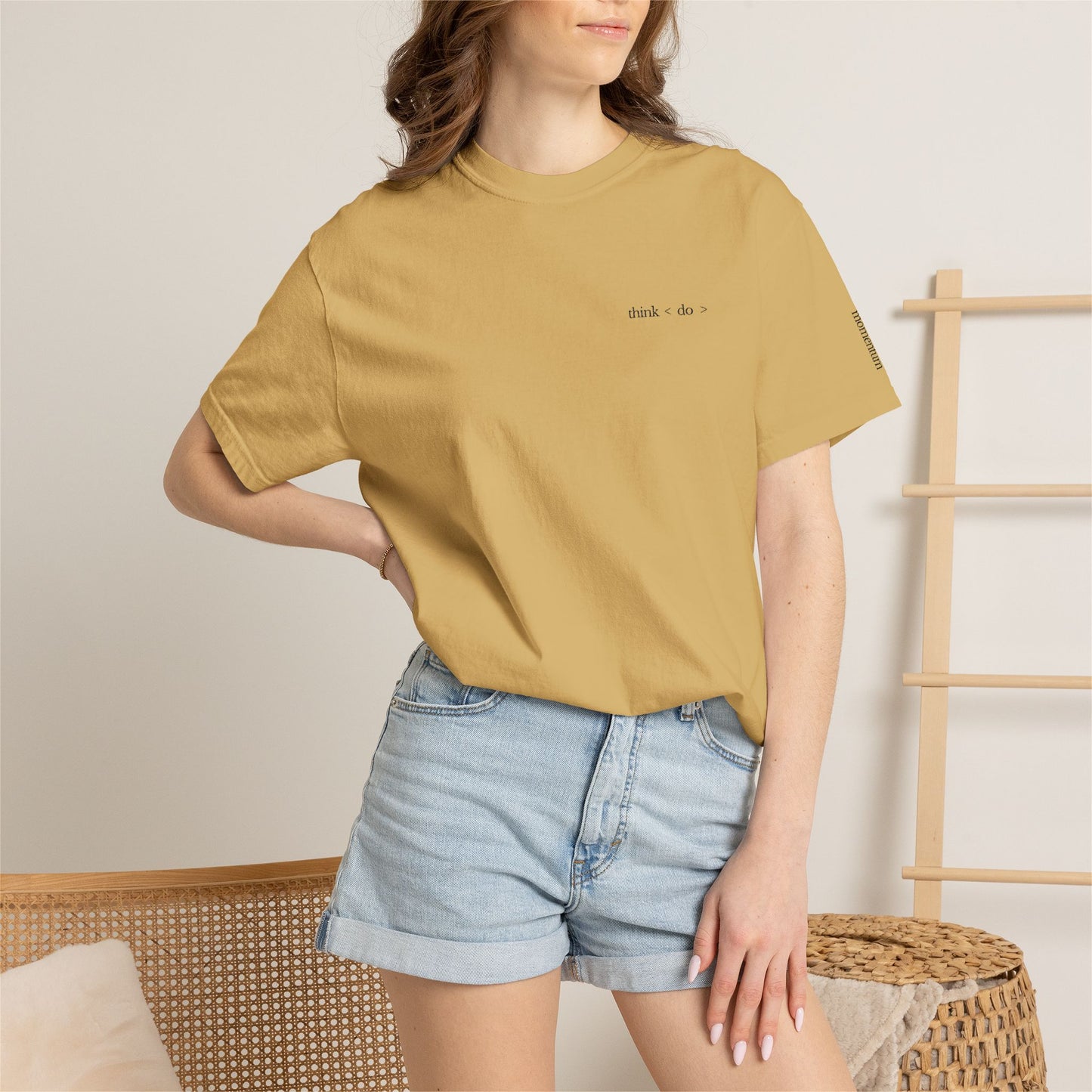 think < do > Embroidered Unisex T-Shirt | Espresso Thread with Momentum Sleeve Detail | Minimalist Everyday Tee