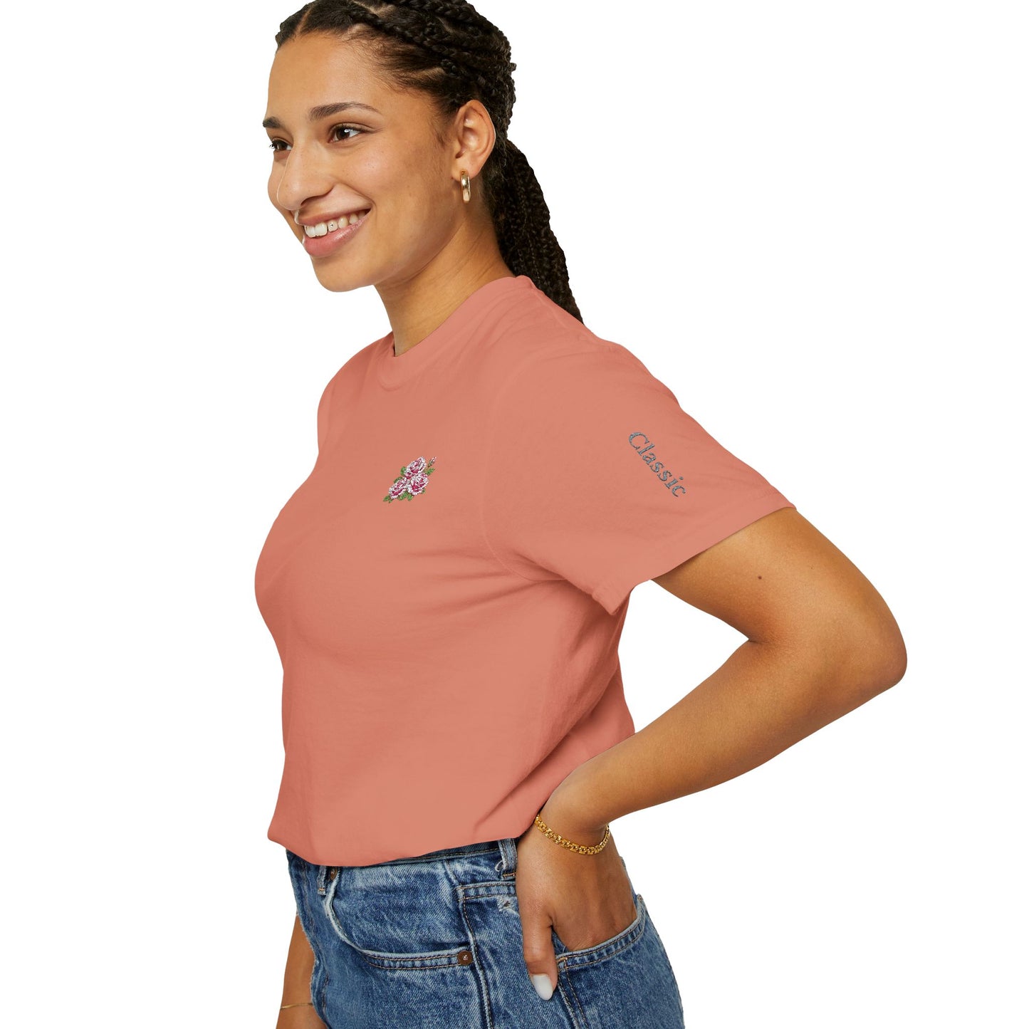 Simple Rose Bouquet Embroidered T-Shirt with Sleeve Detail
