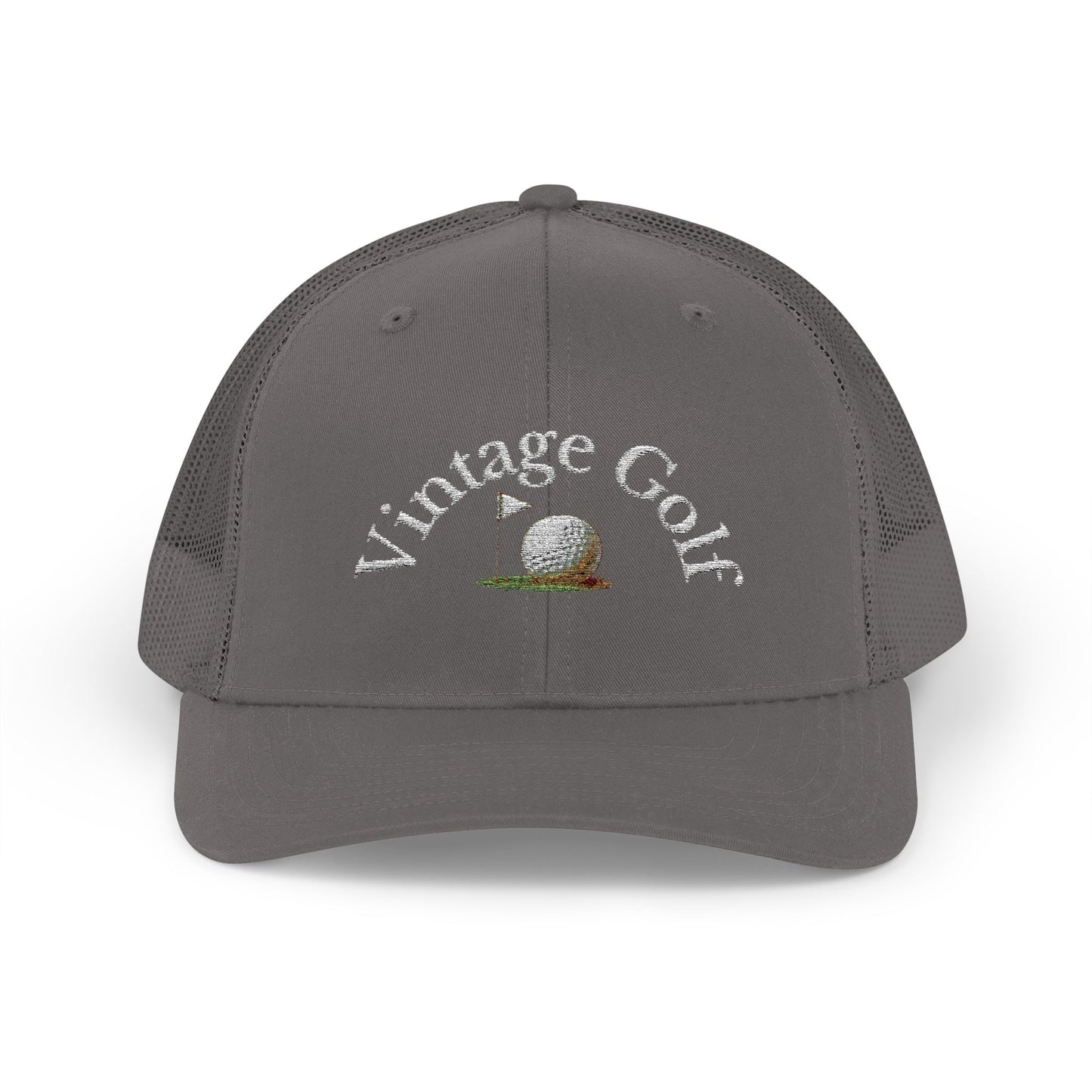 Vintage Golf Trucker Cap – Embroidered Golf Ball Flag Hat – Heritage Style Golf Hat