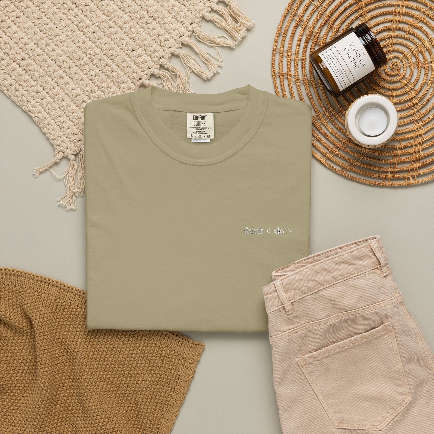 Think < Do > Embroidered Unisex T-Shirt | Minimalist Everyday Tee | Ivory Thread